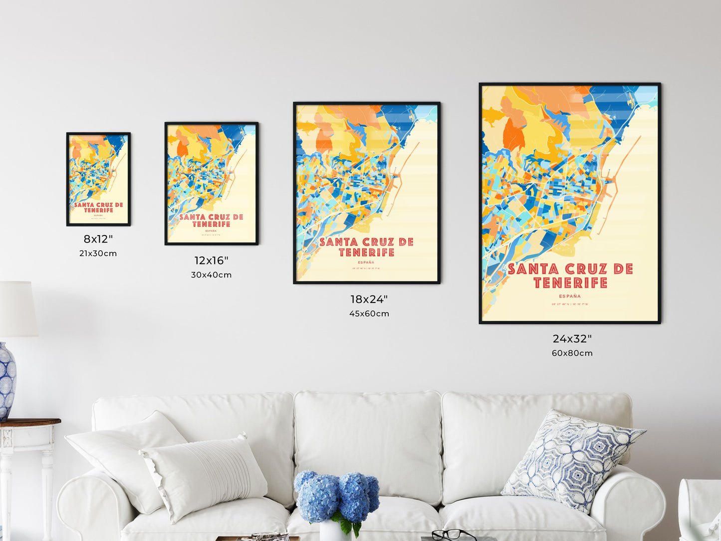 Colorful SANTA CRUZ DE TENERIFE SPAIN Fine Art Map Blue Orange