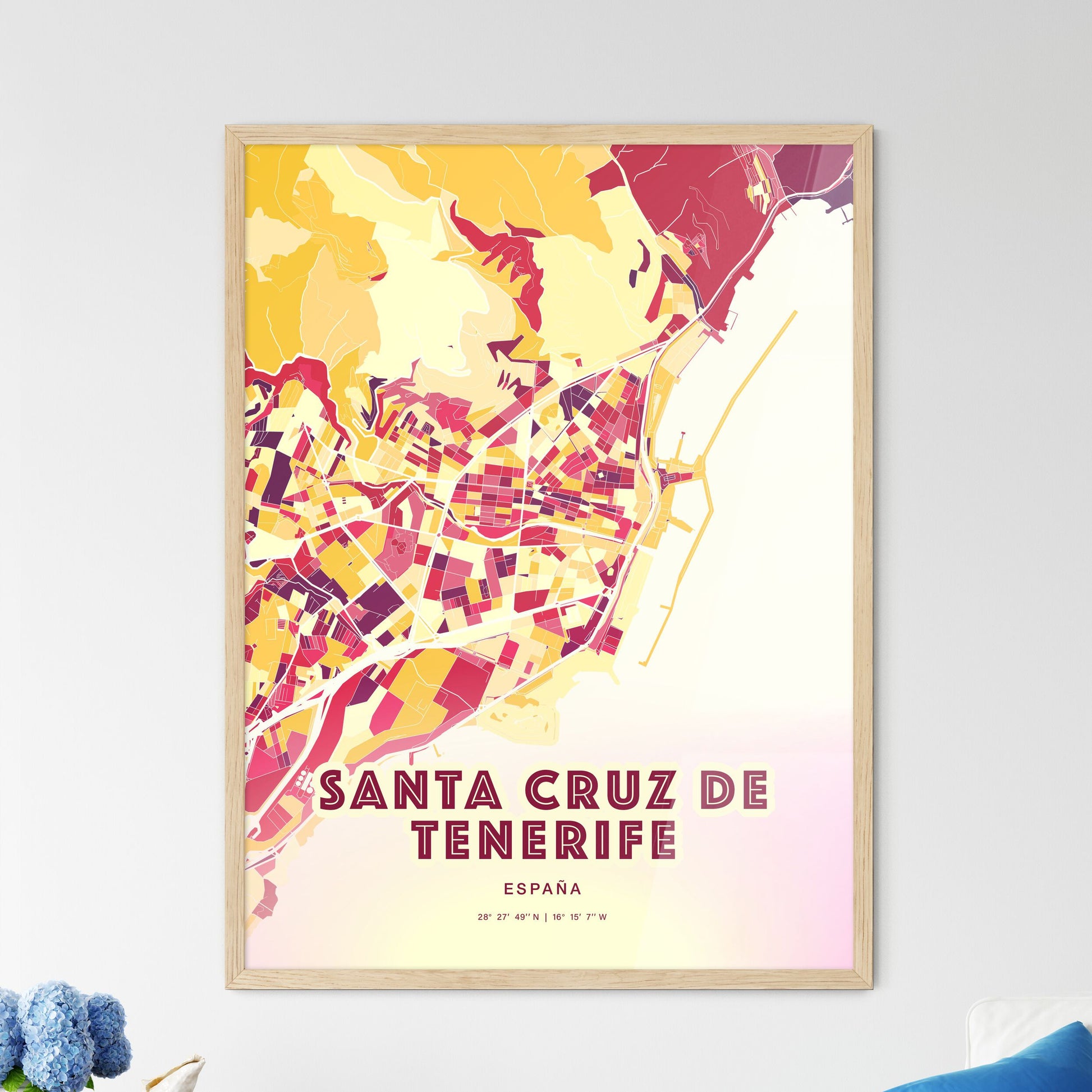 Colorful SANTA CRUZ DE TENERIFE SPAIN Fine Art Map Hot Red