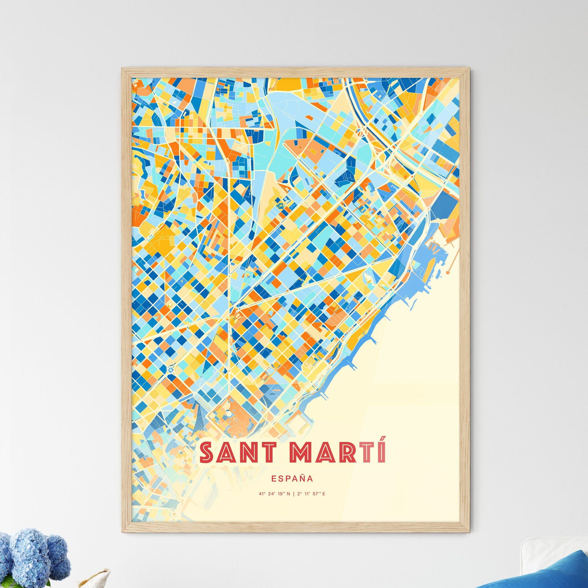 Colorful Sant Martí Spain Fine Art Map Blue Orange