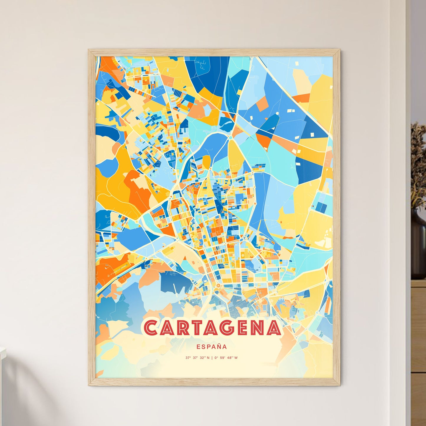 Colorful Cartagena Spain Fine Art Map Blue Orange