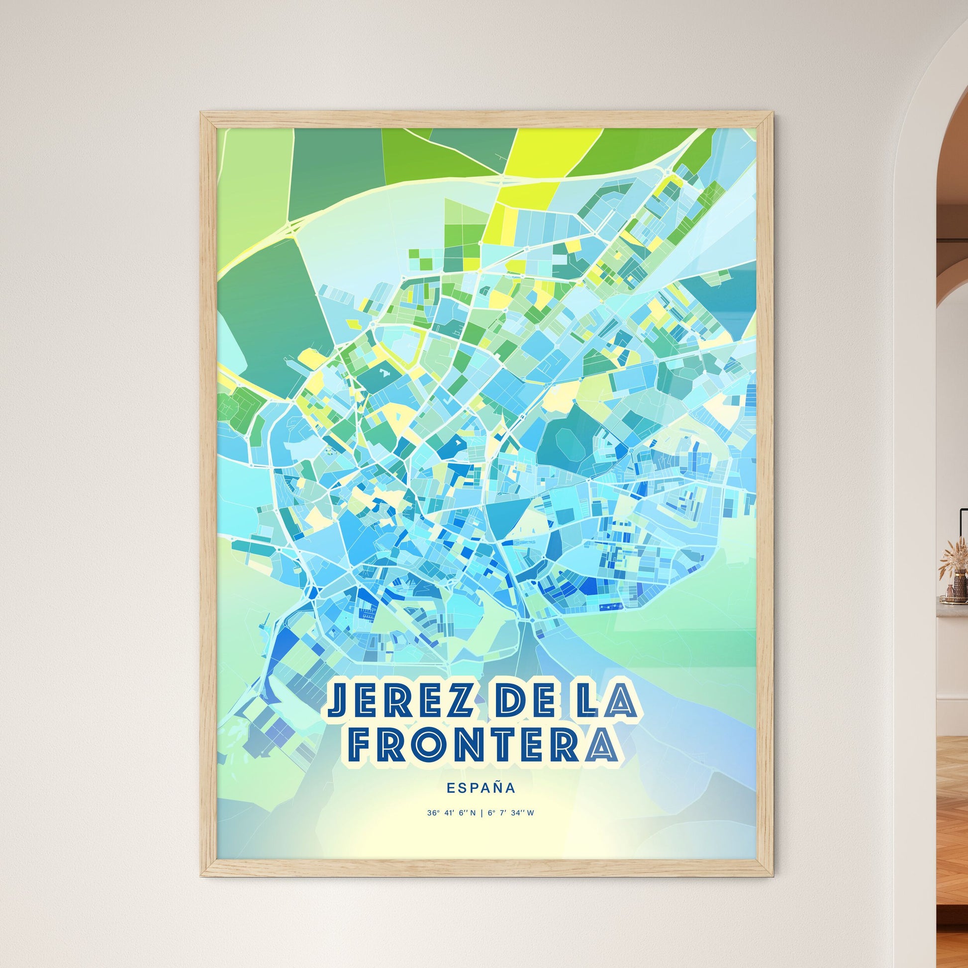 Colorful JEREZ DE LA FRONTERA SPAIN Fine Art Map Cool Blue