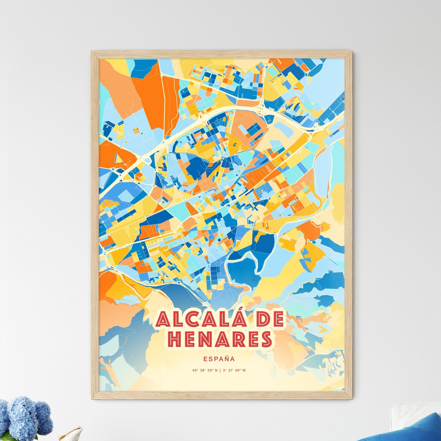 Colorful ALCALÁ DE HENARES SPAIN Fine Art Map Blue Orange