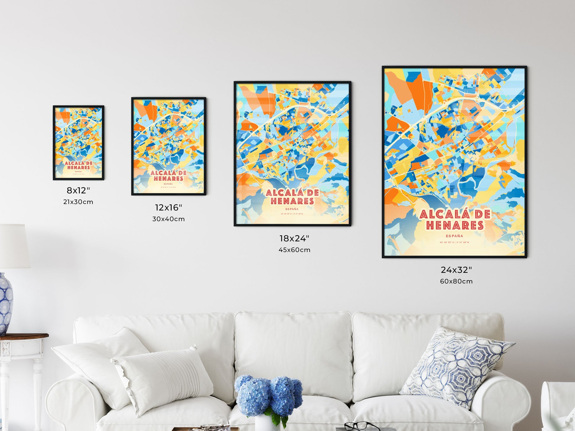 Colorful ALCALÁ DE HENARES SPAIN Fine Art Map Blue Orange