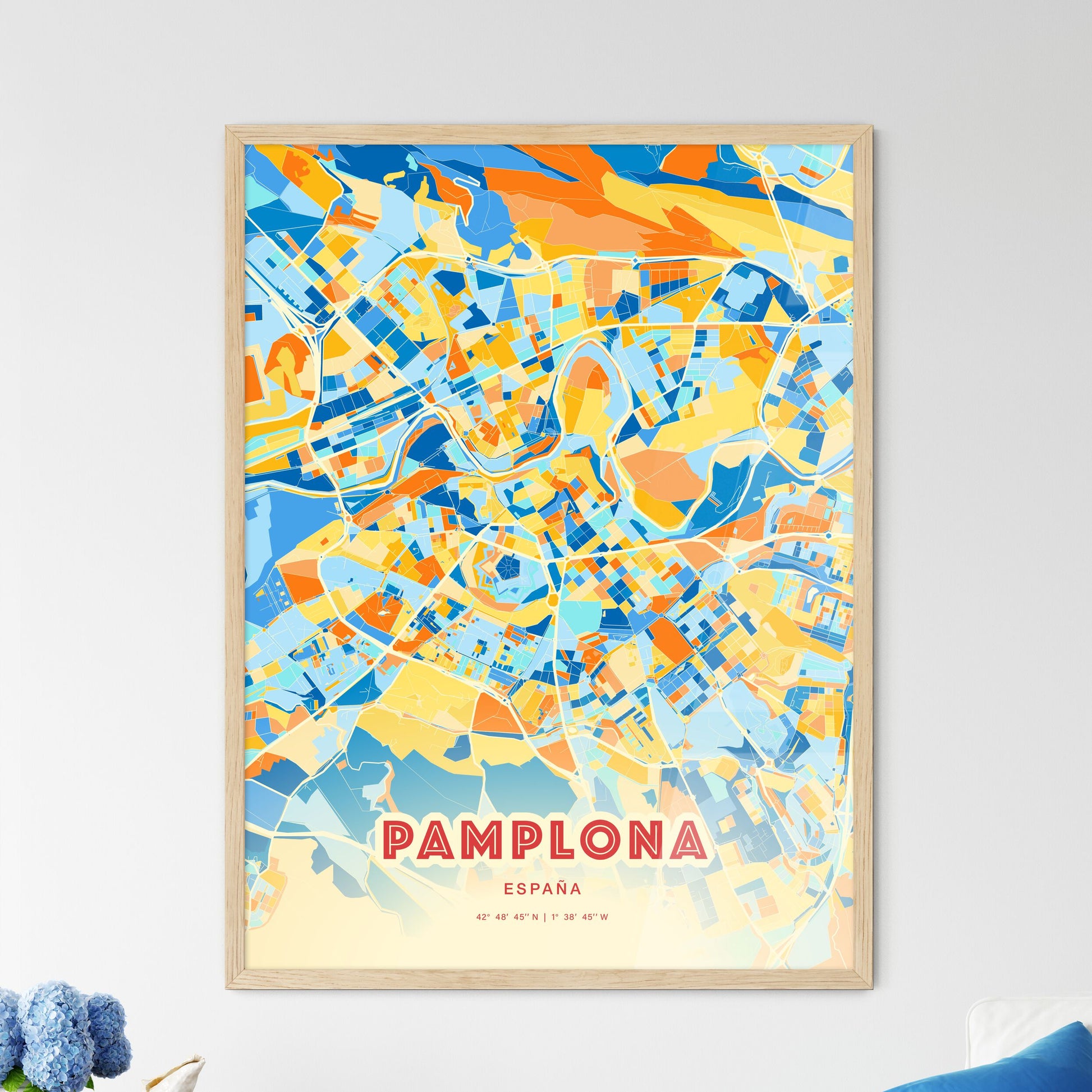 Colorful Pamplona Spain Fine Art Map Blue Orange