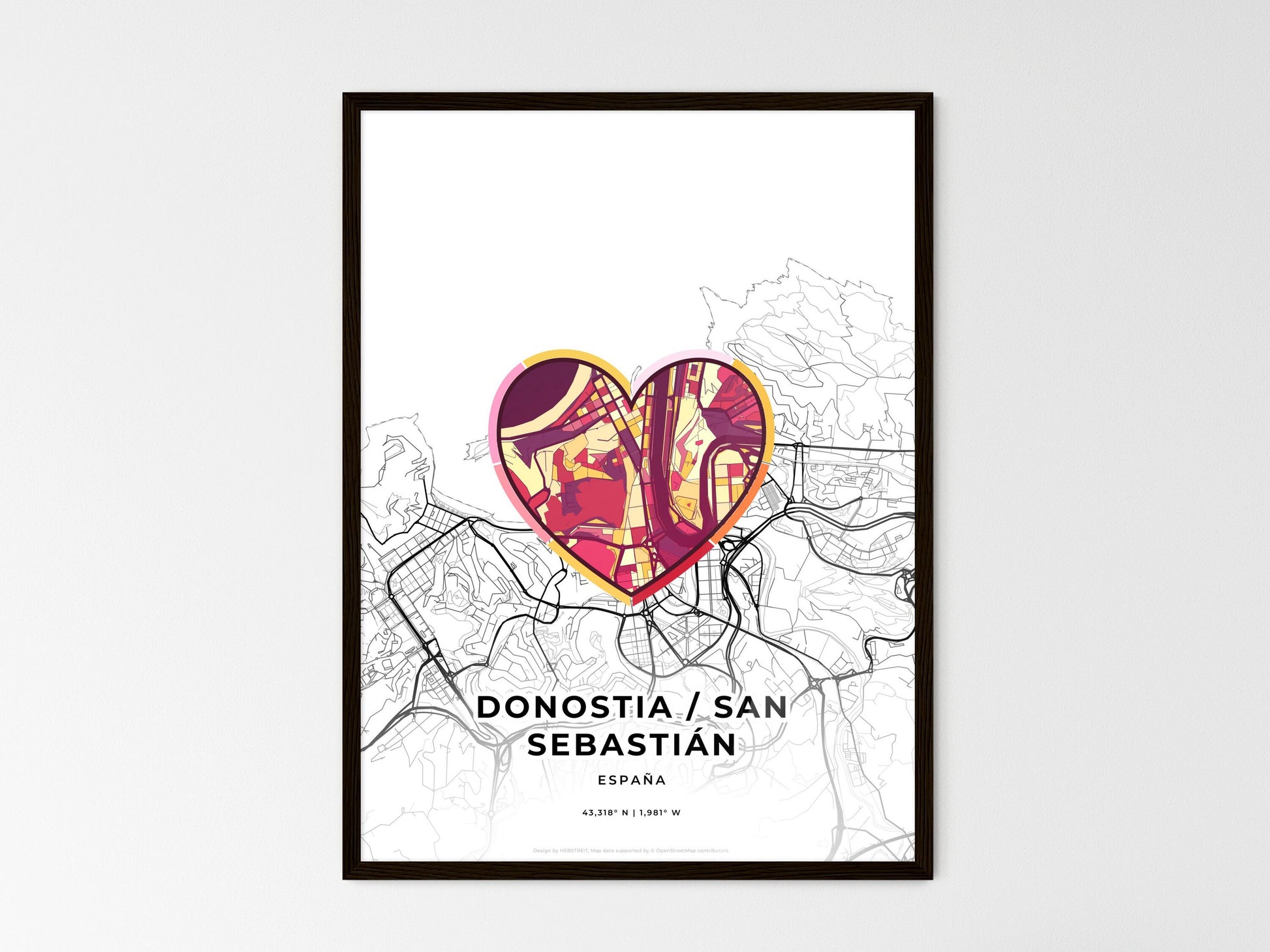 Donostia / San Sebastián Spain wedding art map with heart icon