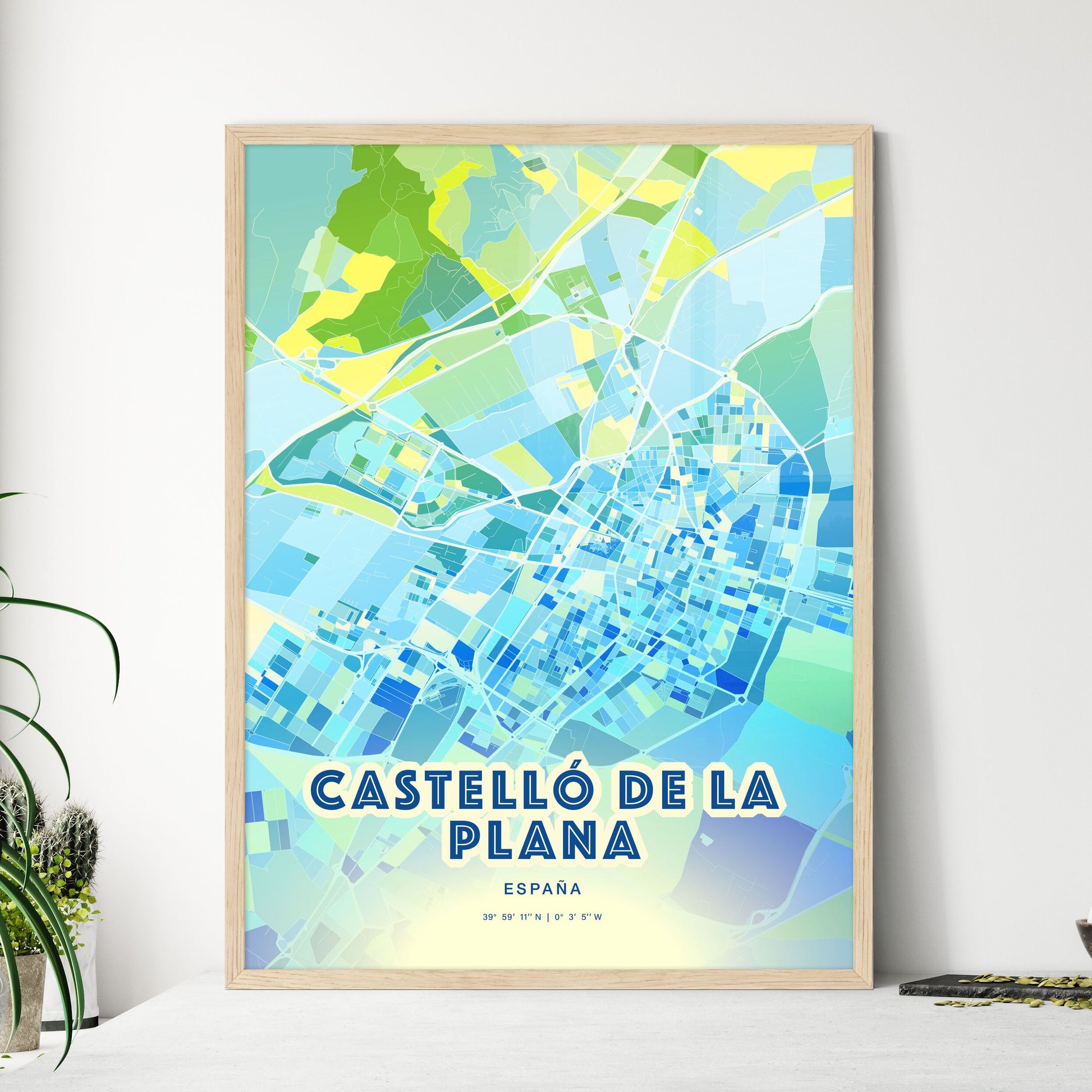 Colorful CASTELLÓ DE LA PLANA SPAIN Fine Art Map Cool Blue