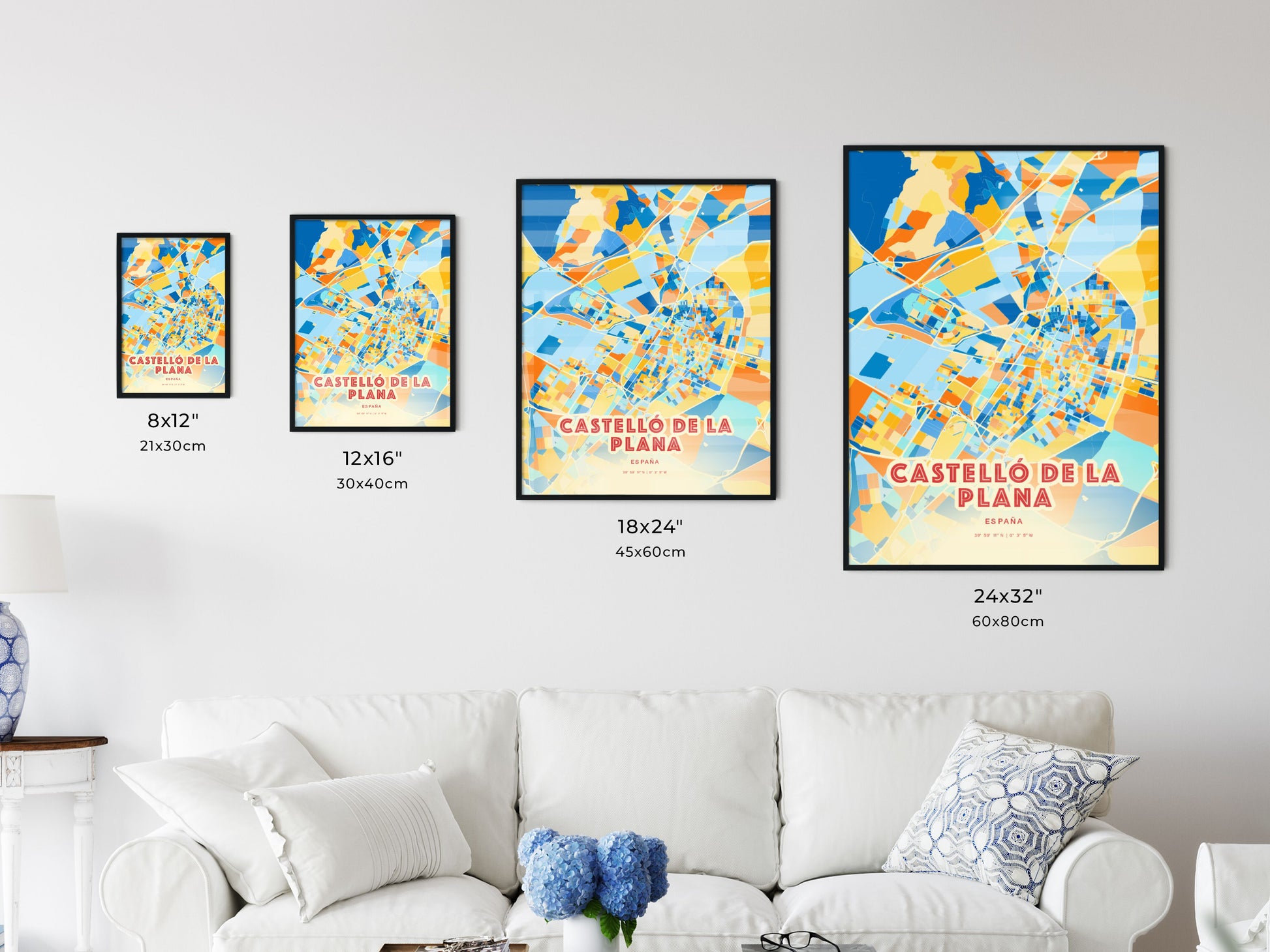 Colorful CASTELLÓ DE LA PLANA SPAIN Fine Art Map Blue Orange