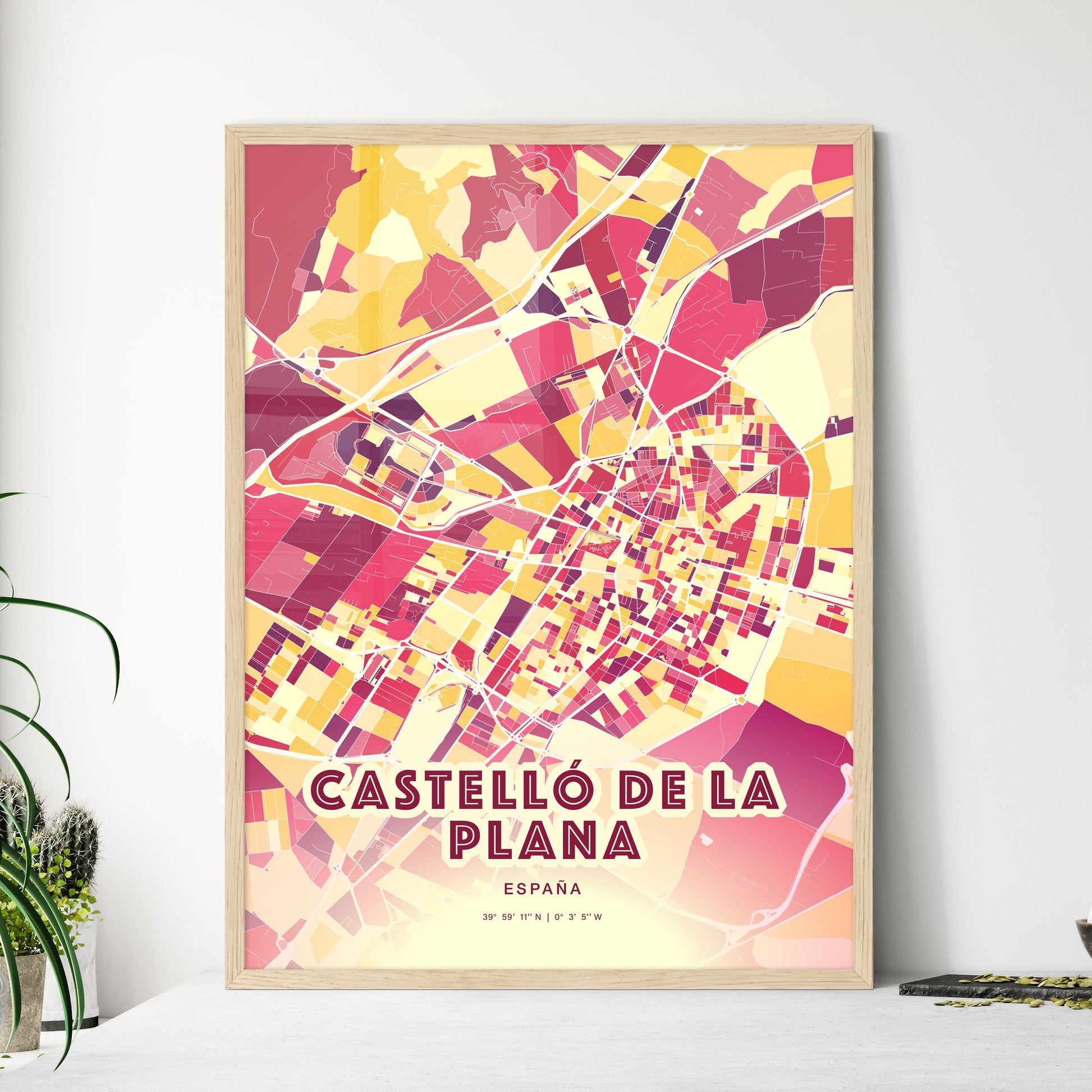 Colorful CASTELLÓ DE LA PLANA SPAIN Fine Art Map Hot Red