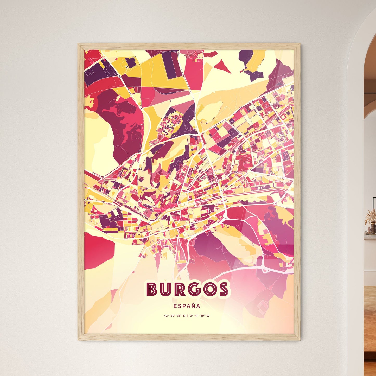 Colorful BURGOS SPAIN Fine Art Map Hot Red