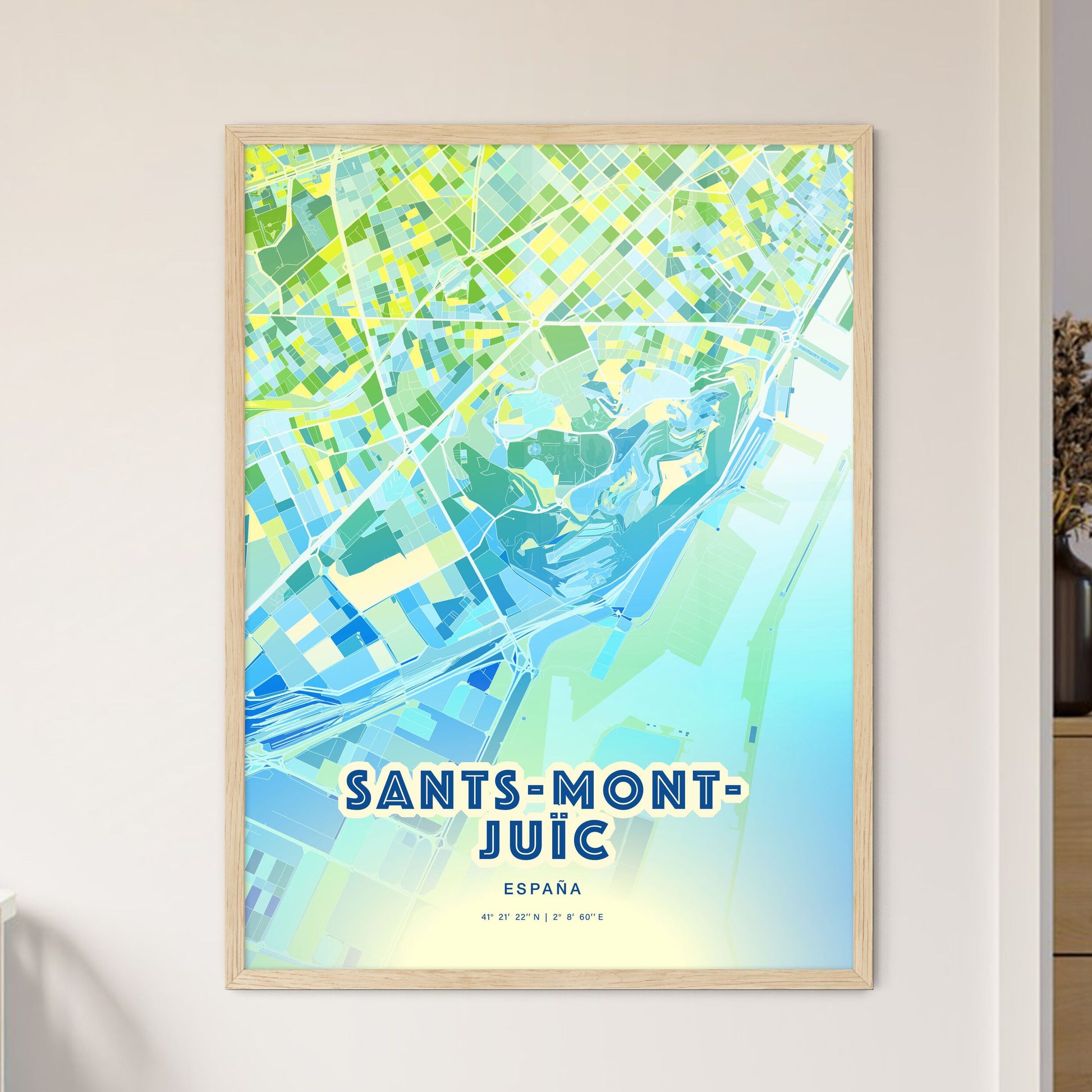 Colorful SANTS-MONTJUÏC SPAIN Fine Art Map Cool Blue