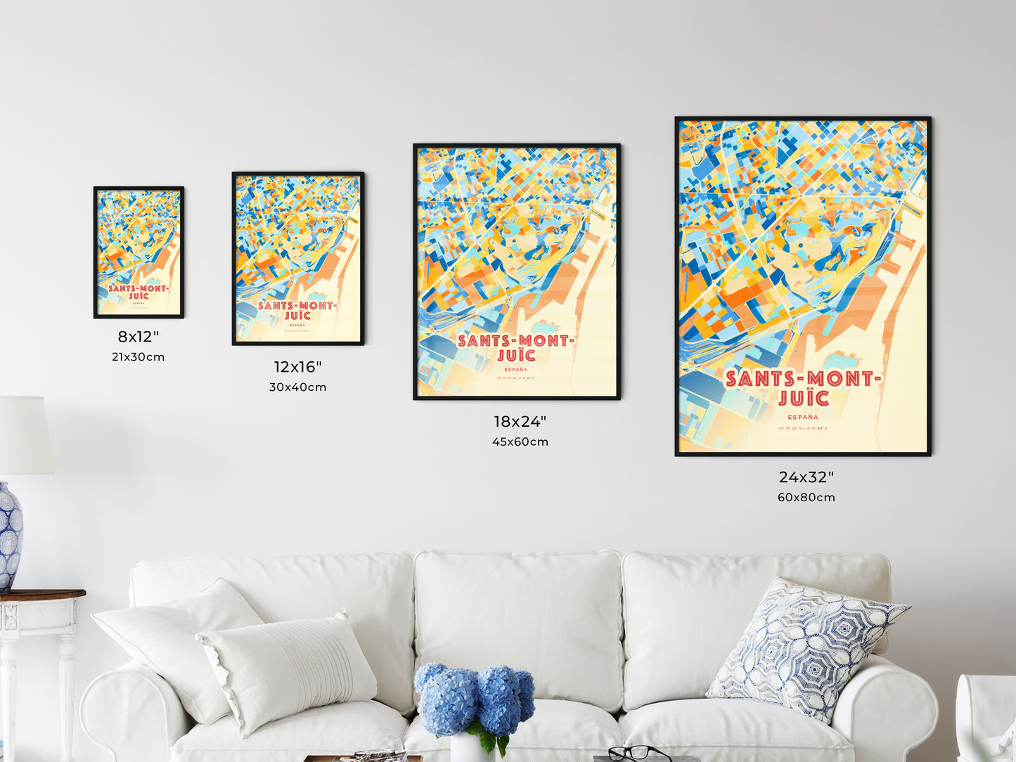 Colorful SANTS-MONTJUÏC SPAIN Fine Art Map Blue Orange