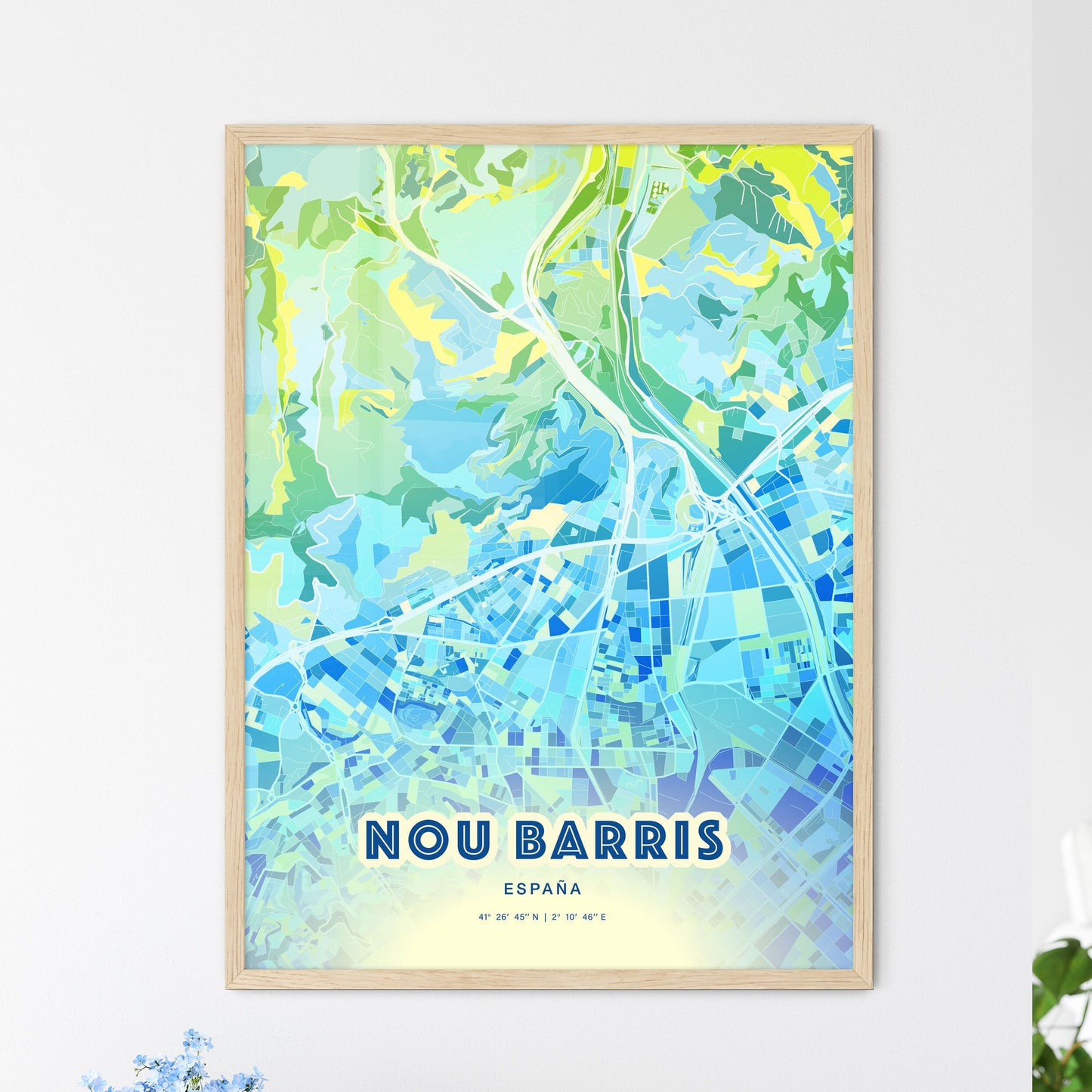 Colorful NOU BARRIS SPAIN Fine Art Map Cool Blue