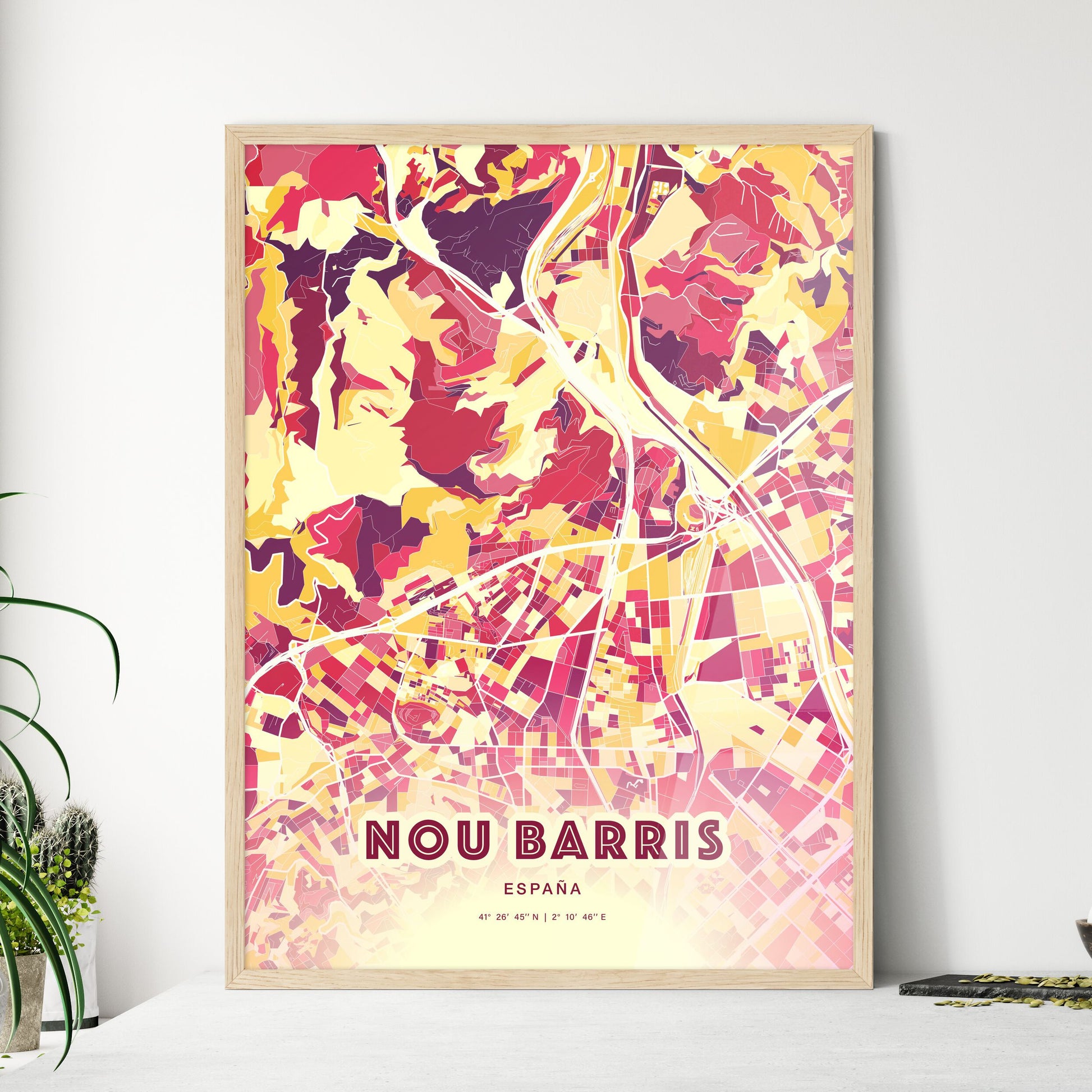 Colorful NOU BARRIS SPAIN Fine Art Map Hot Red