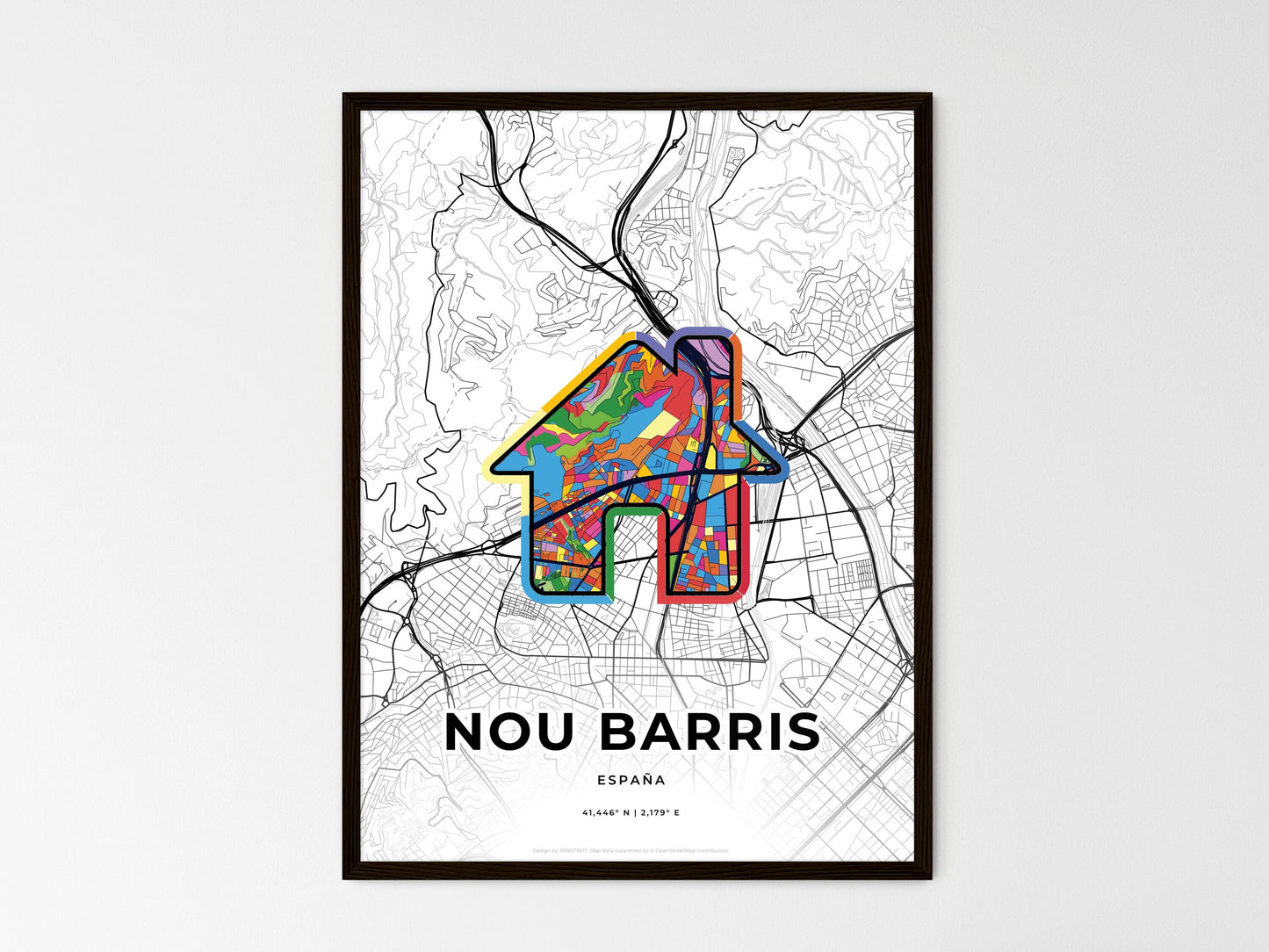 Nou Barris Spain wedding art map with home icon