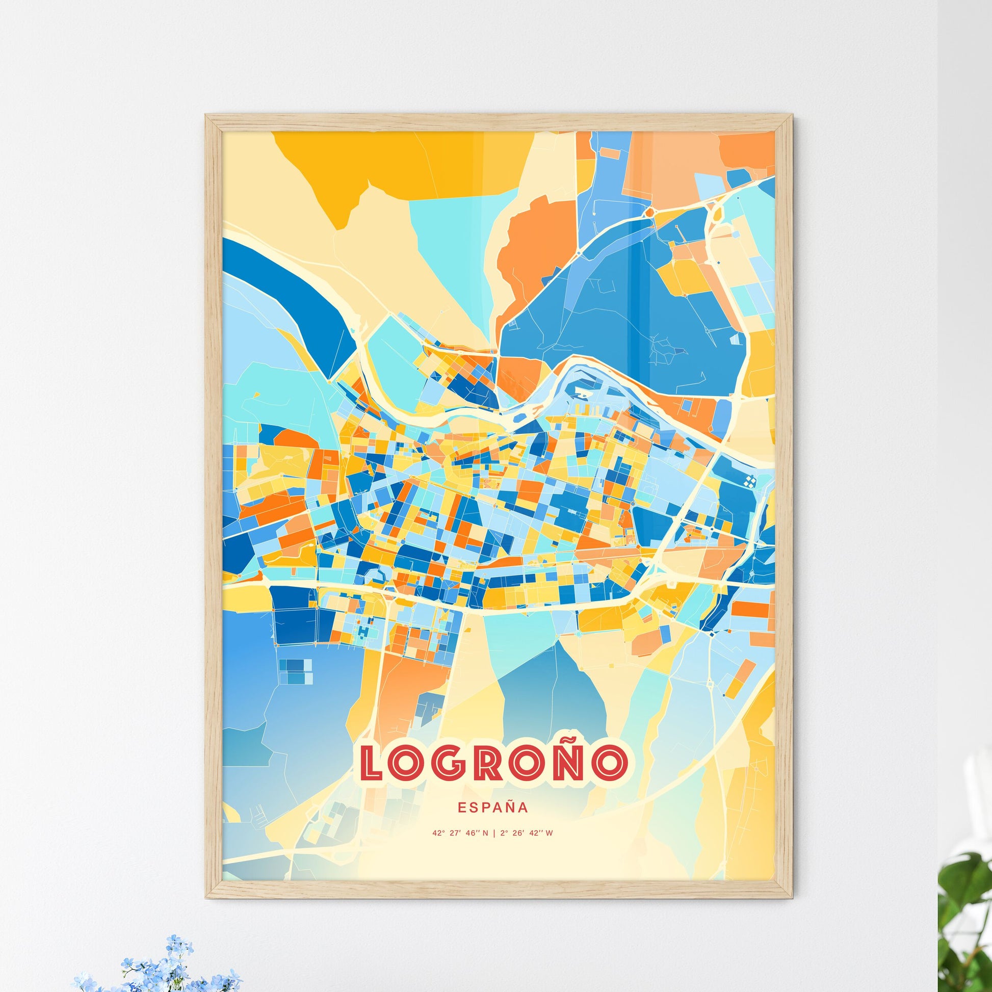 Colorful Logroño Spain Fine Art Map Blue Orange