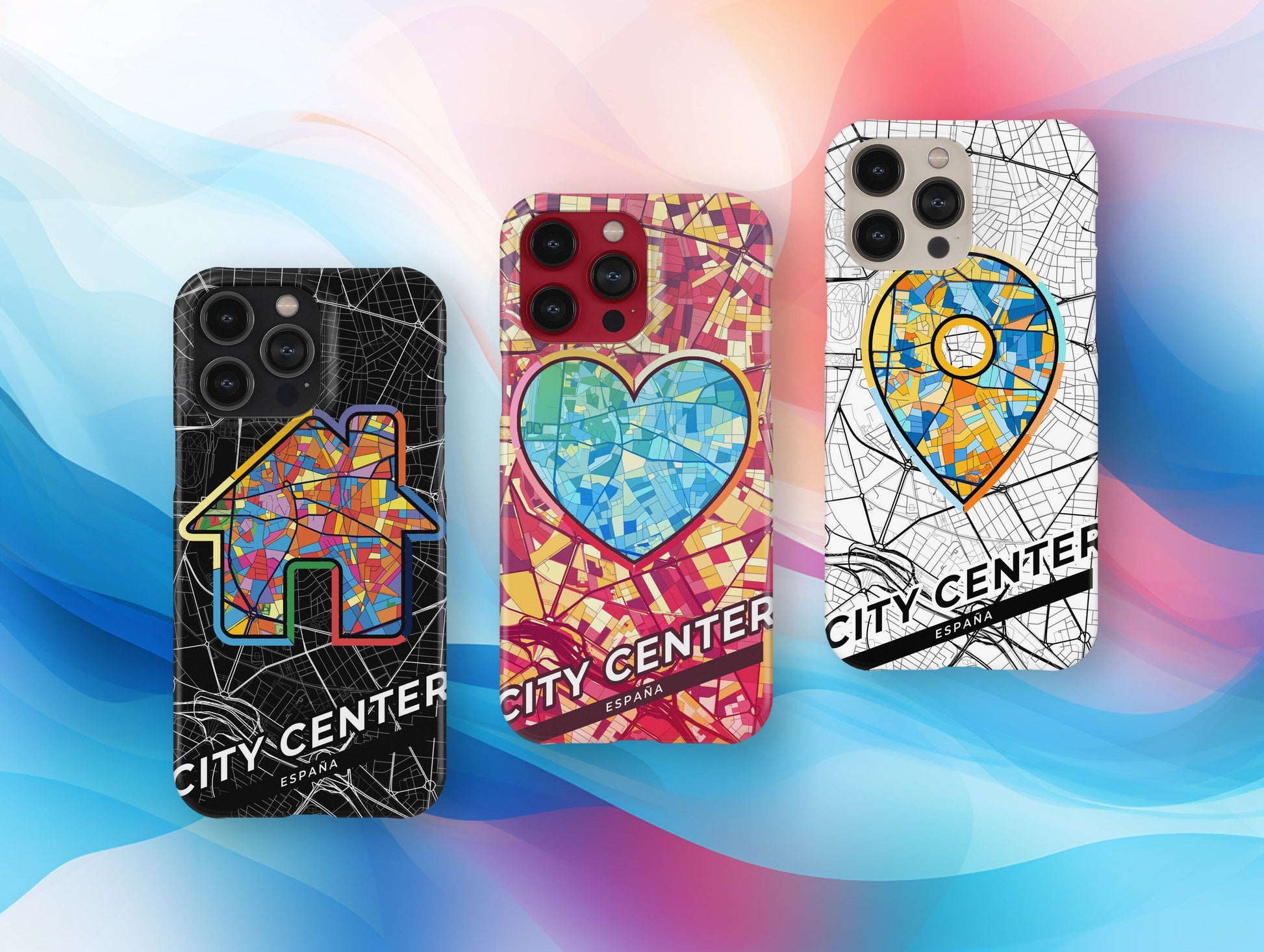 City Center Spain slim phone case with colorful icon. Birthday, wedding or housewarming gift. Couple match cases.