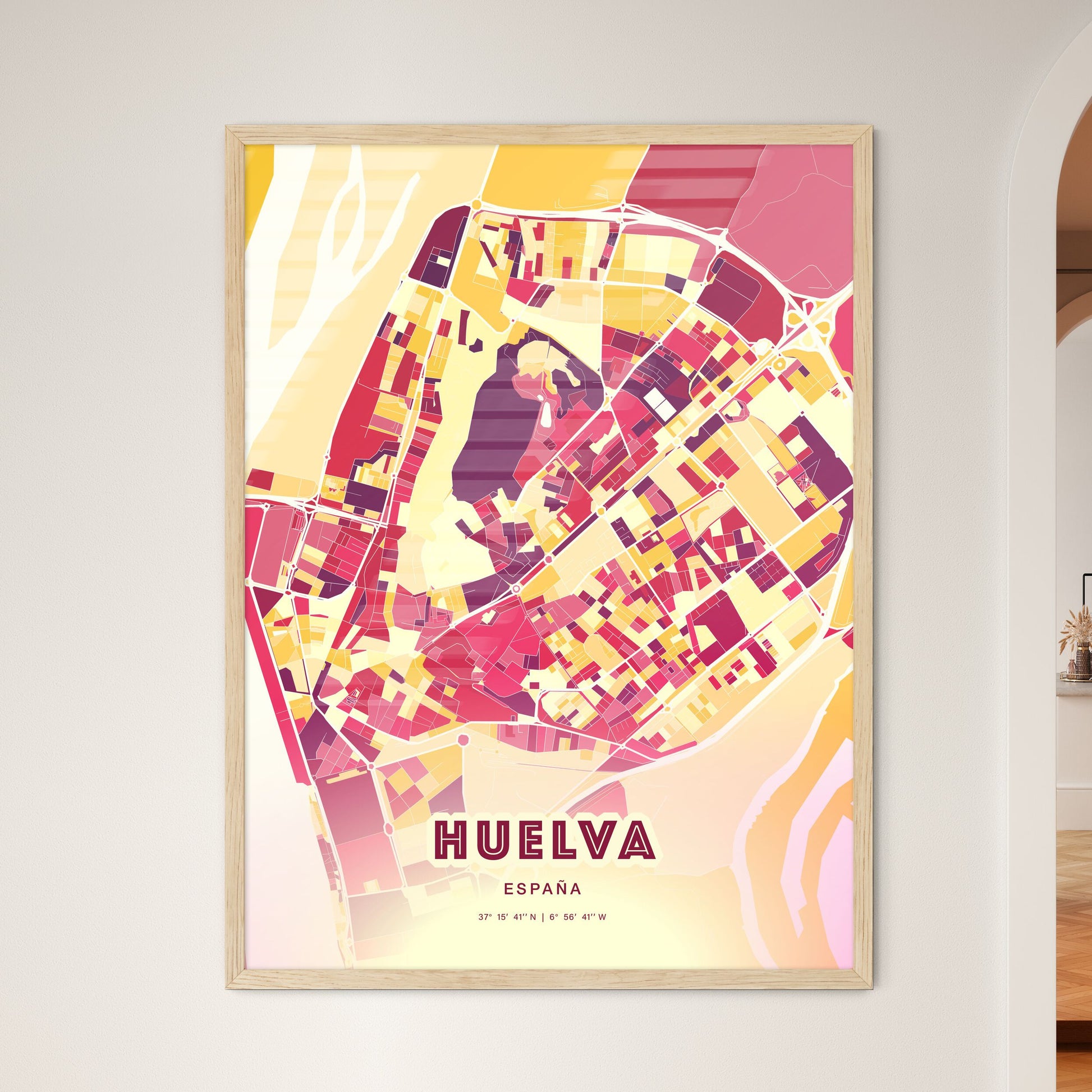 Colorful HUELVA SPAIN Fine Art Map Hot Red