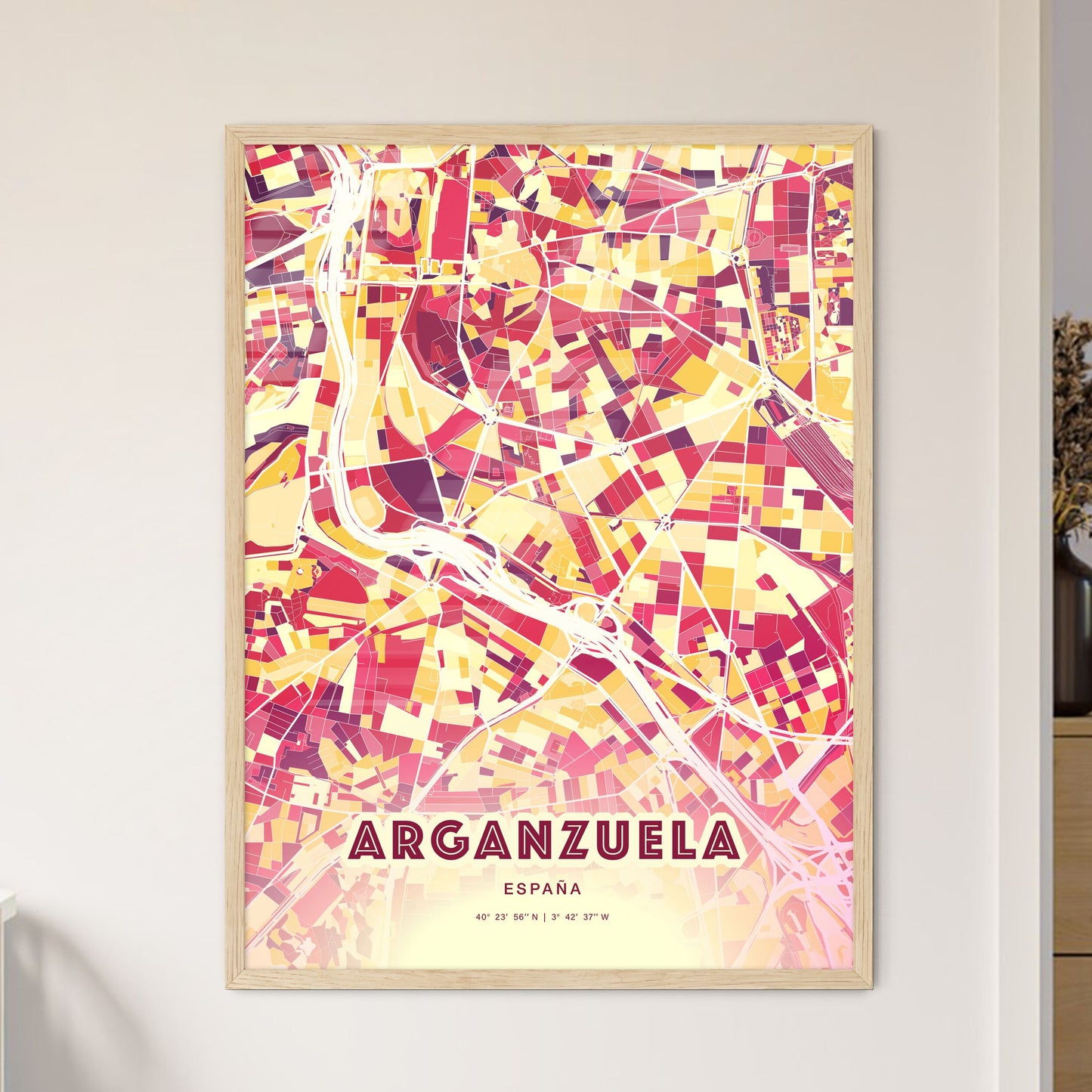 Colorful ARGANZUELA SPAIN Fine Art Map Hot Red