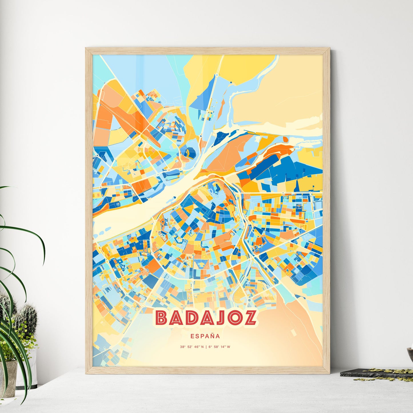Colorful Badajoz Spain Fine Art Map Blue Orange