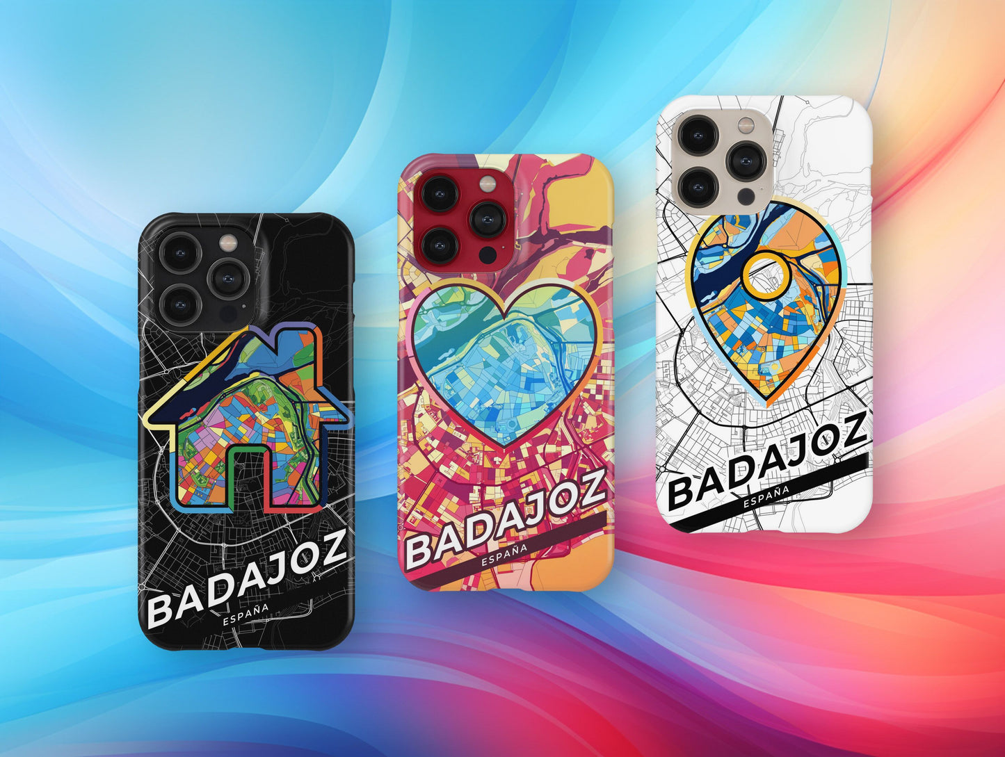 Badajoz Spain slim phone case with colorful icon. Birthday, wedding or housewarming gift. Couple match cases.