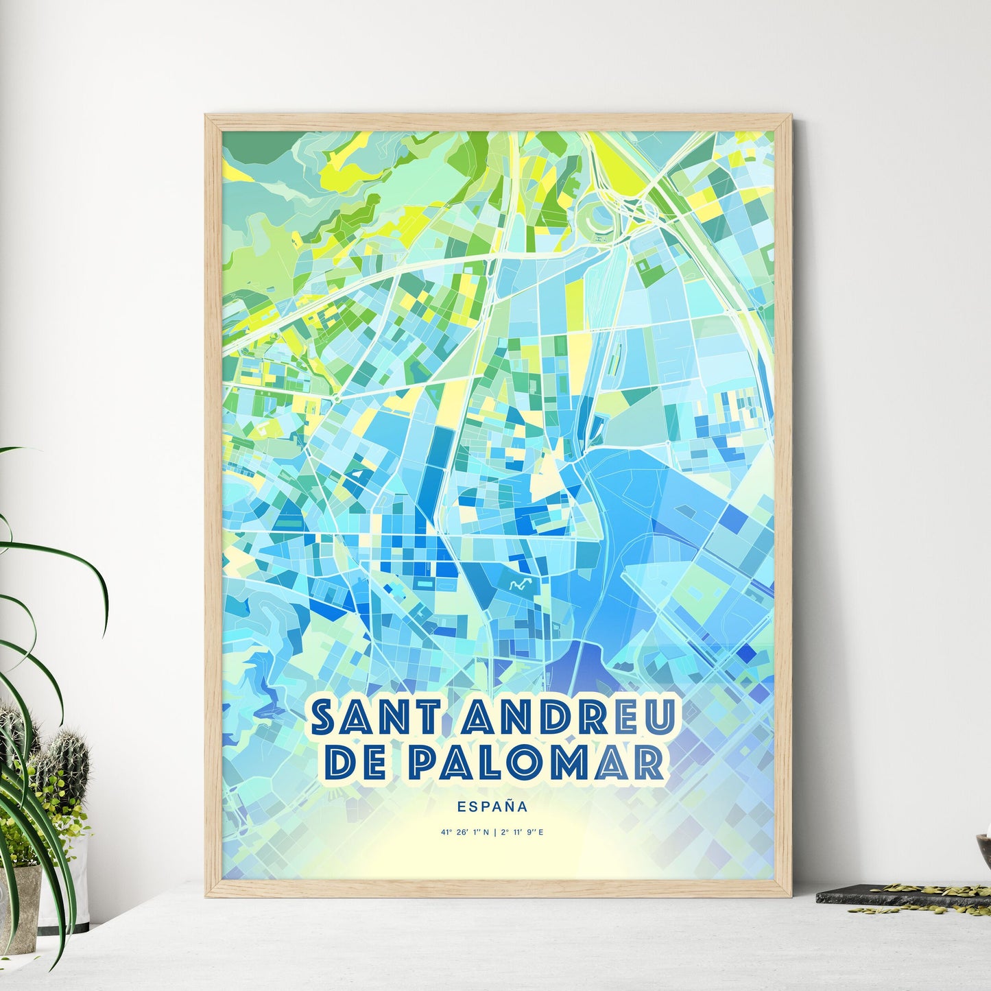 Colorful SANT ANDREU DE PALOMAR SPAIN Fine Art Map Cool Blue