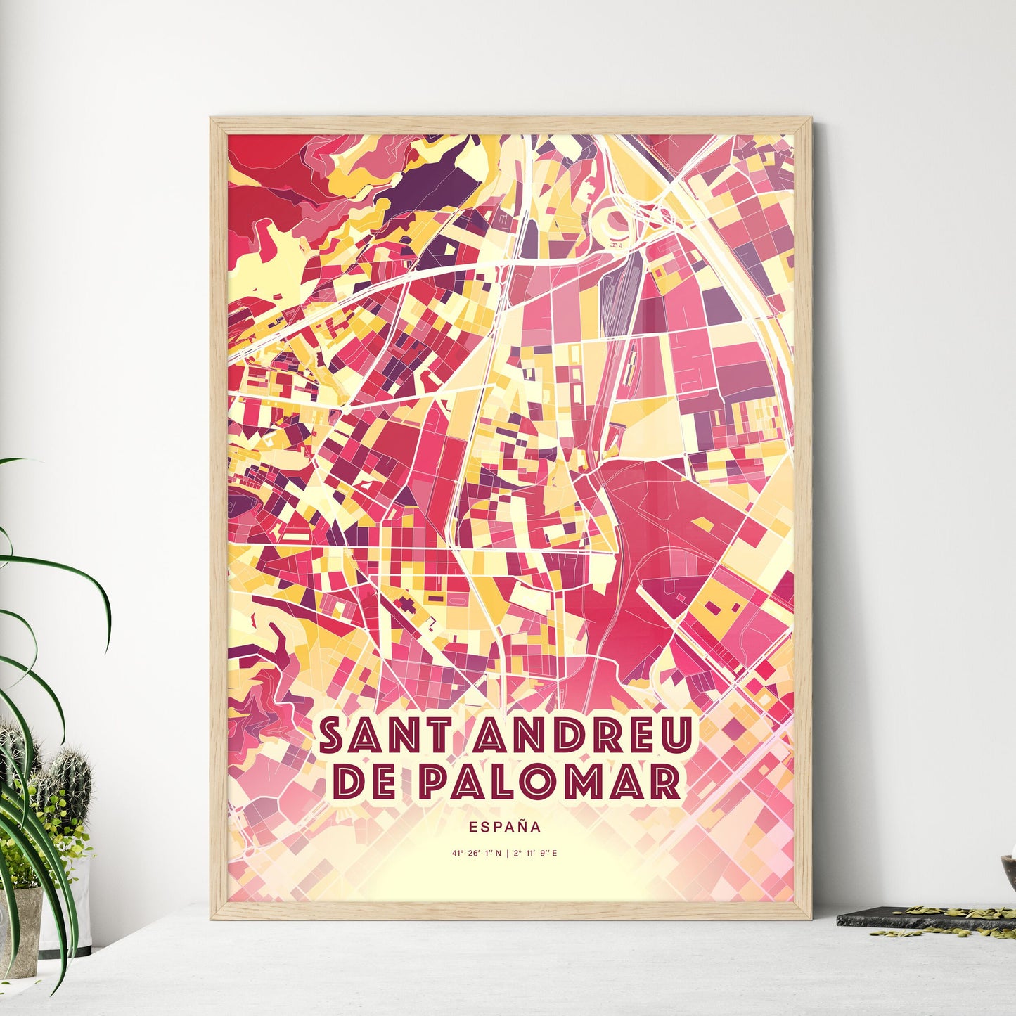 Colorful SANT ANDREU DE PALOMAR SPAIN Fine Art Map Hot Red