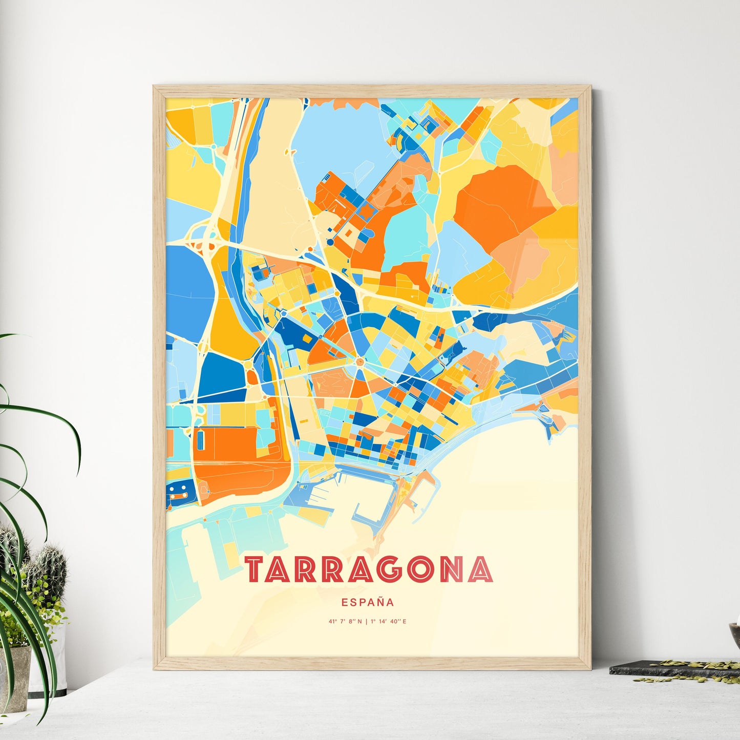 Colorful Tarragona Spain Fine Art Map Blue Orange