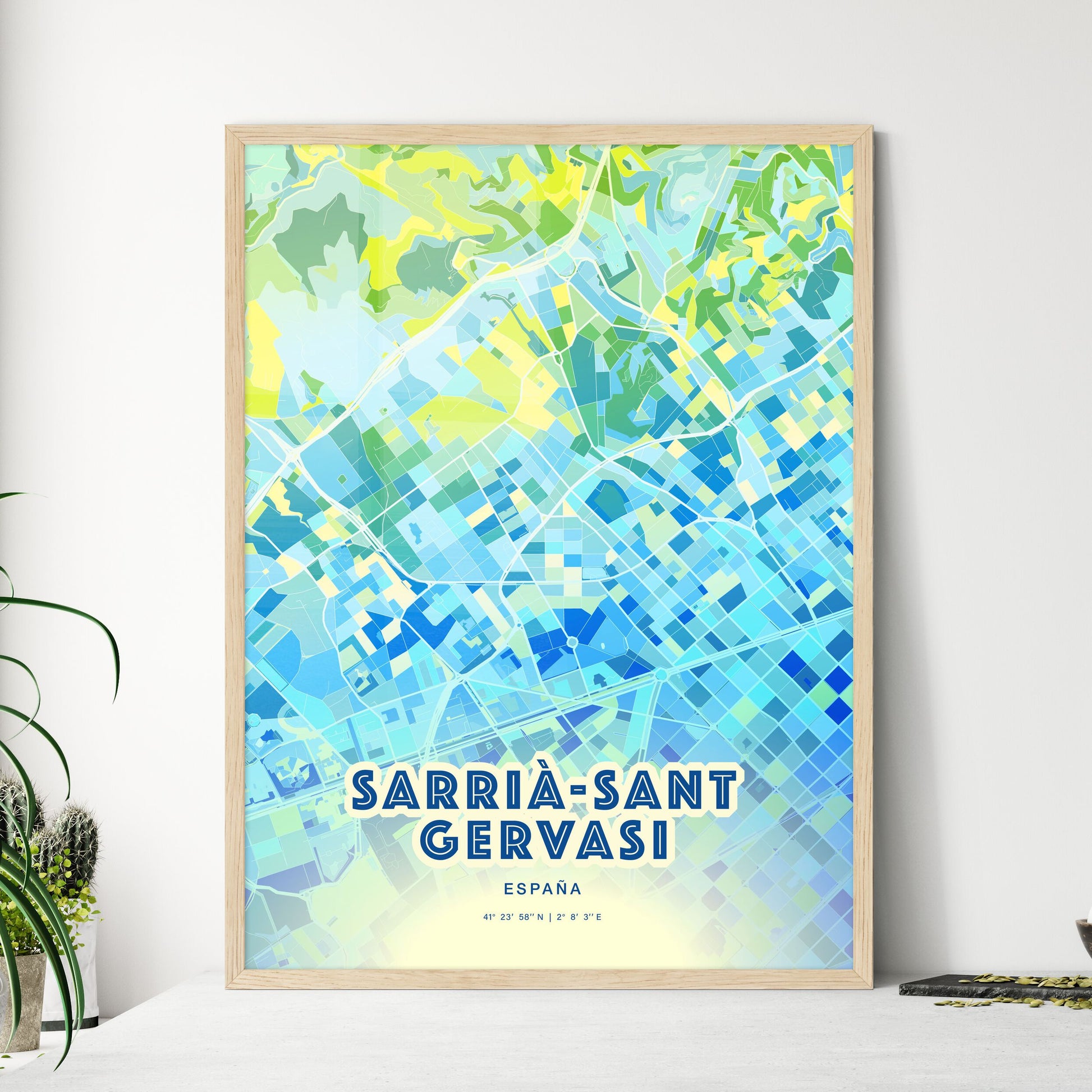 Colorful SARRIÀ-SANT GERVASI SPAIN Fine Art Map Cool Blue