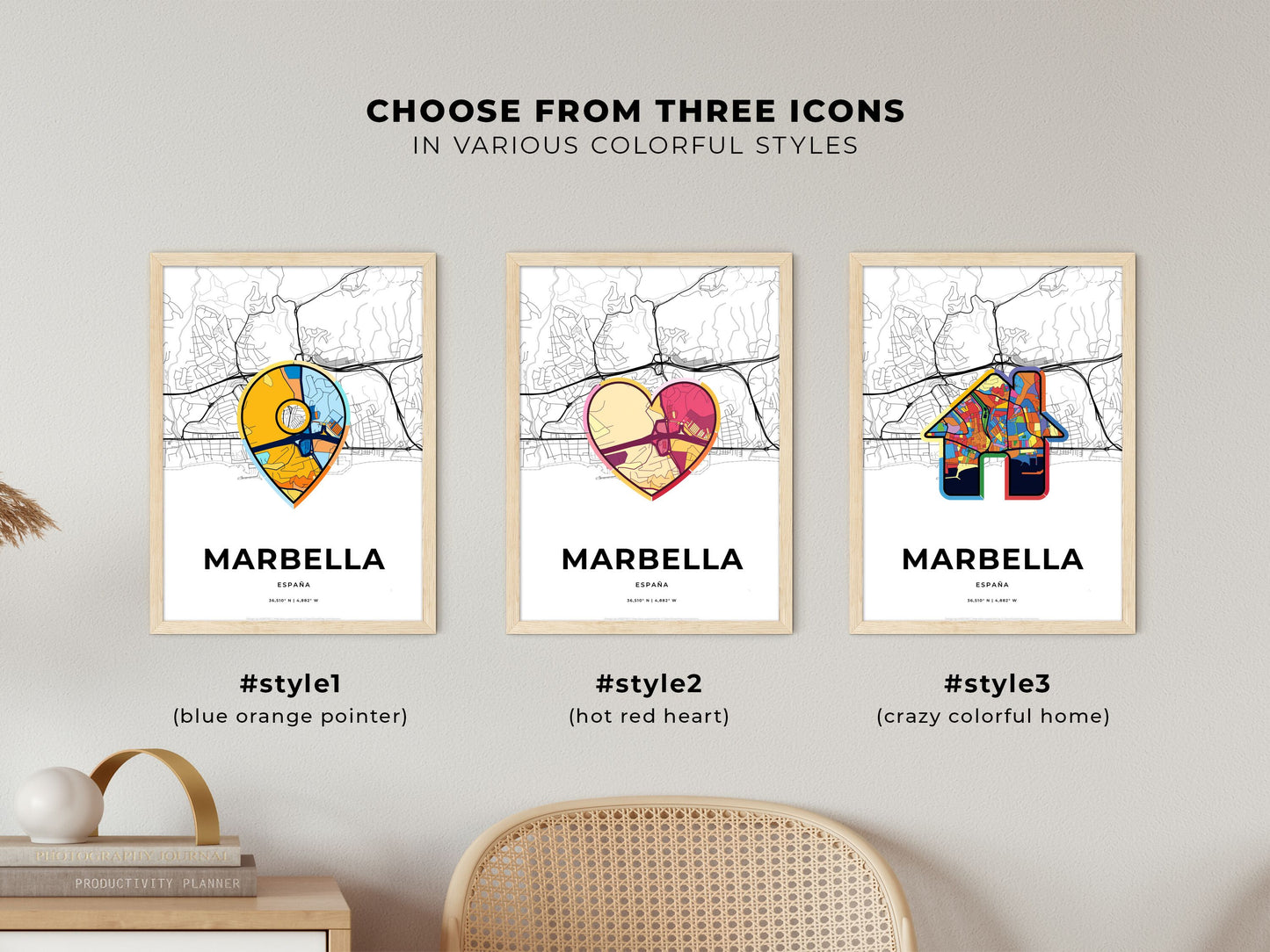 Marbella Spain maps with colorful icons