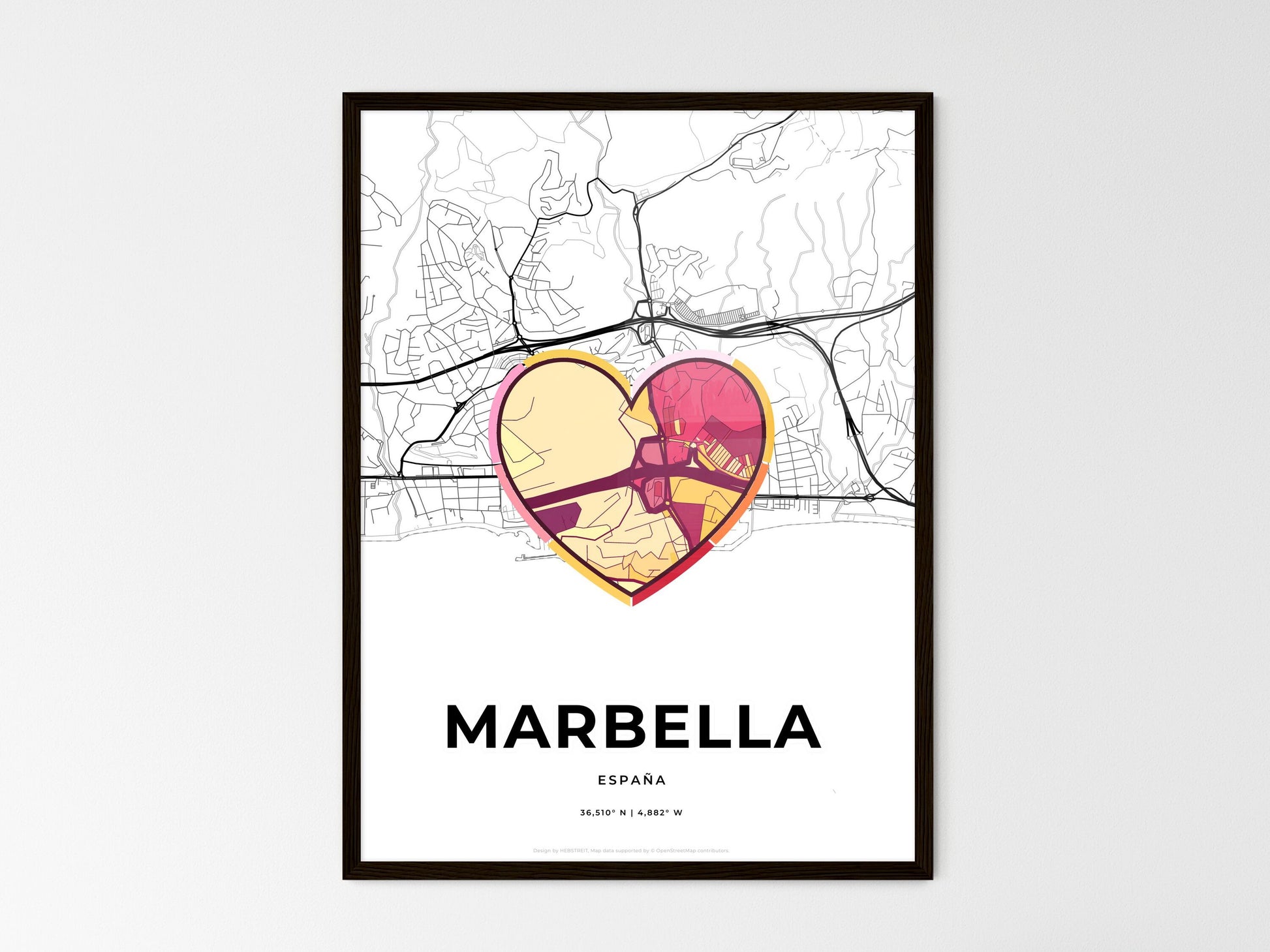 Marbella Spain wedding art map with heart icon