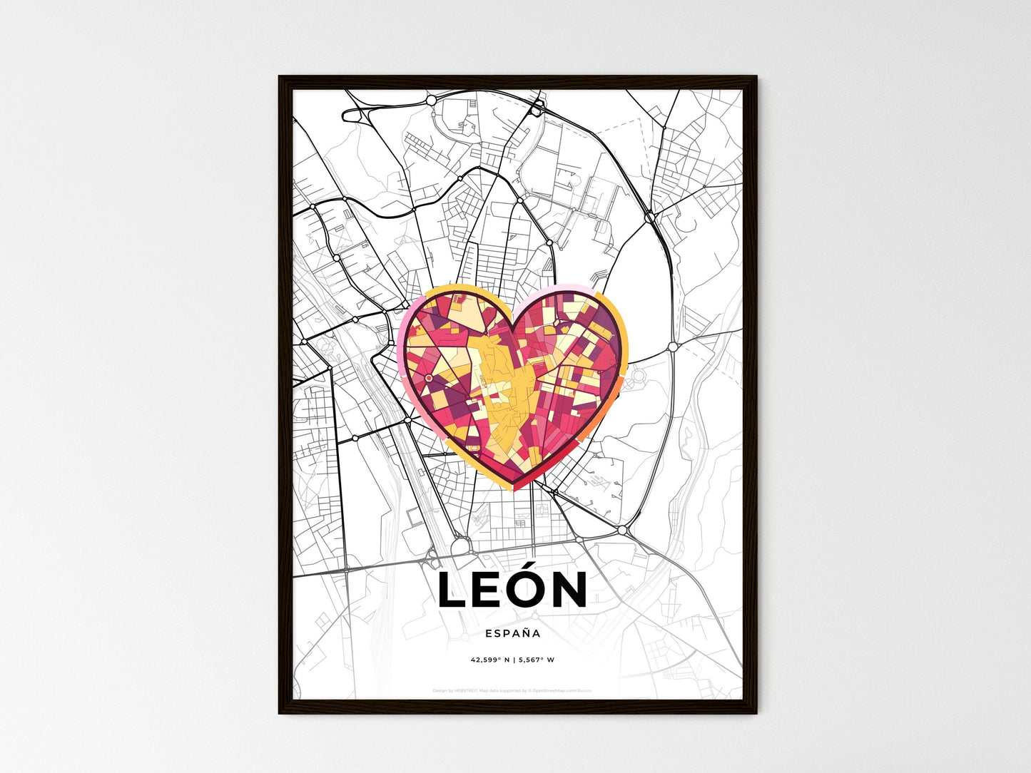 León Spain wedding art map with heart icon