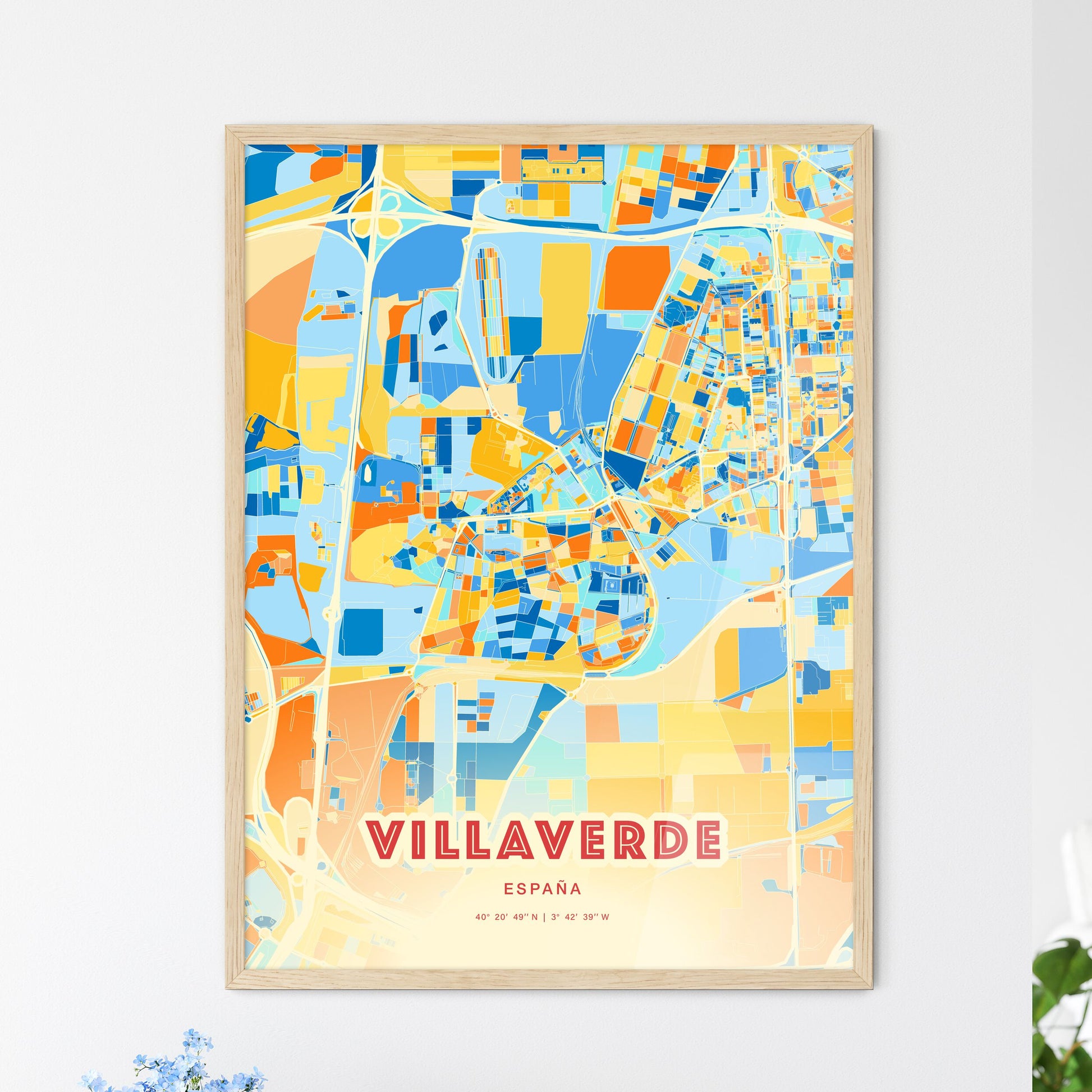 Colorful VILLAVERDE SPAIN Fine Art Map Blue Orange