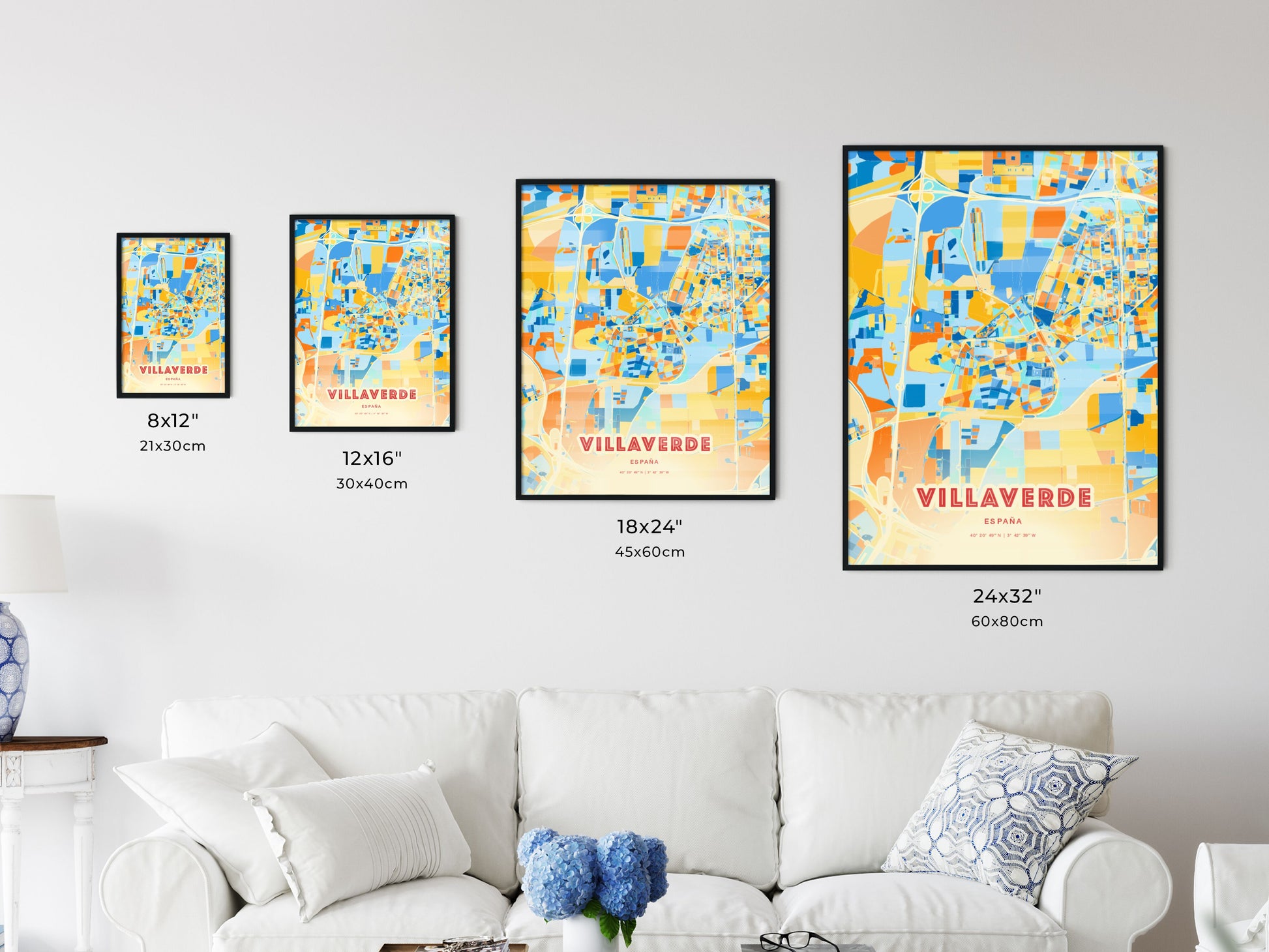 Colorful VILLAVERDE SPAIN Fine Art Map Blue Orange