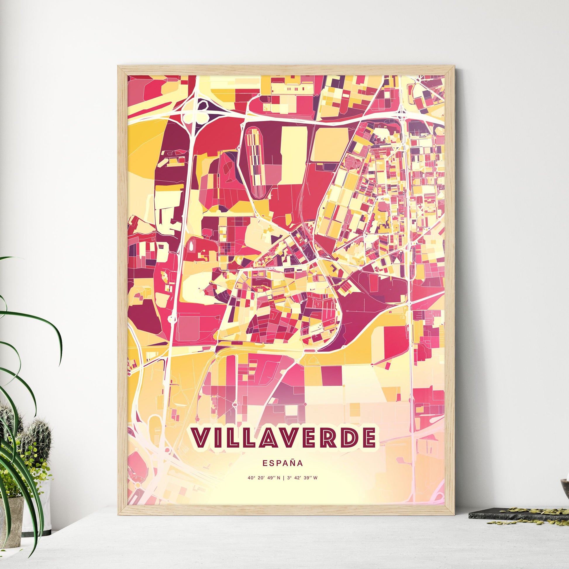 Colorful VILLAVERDE SPAIN Fine Art Map Hot Red