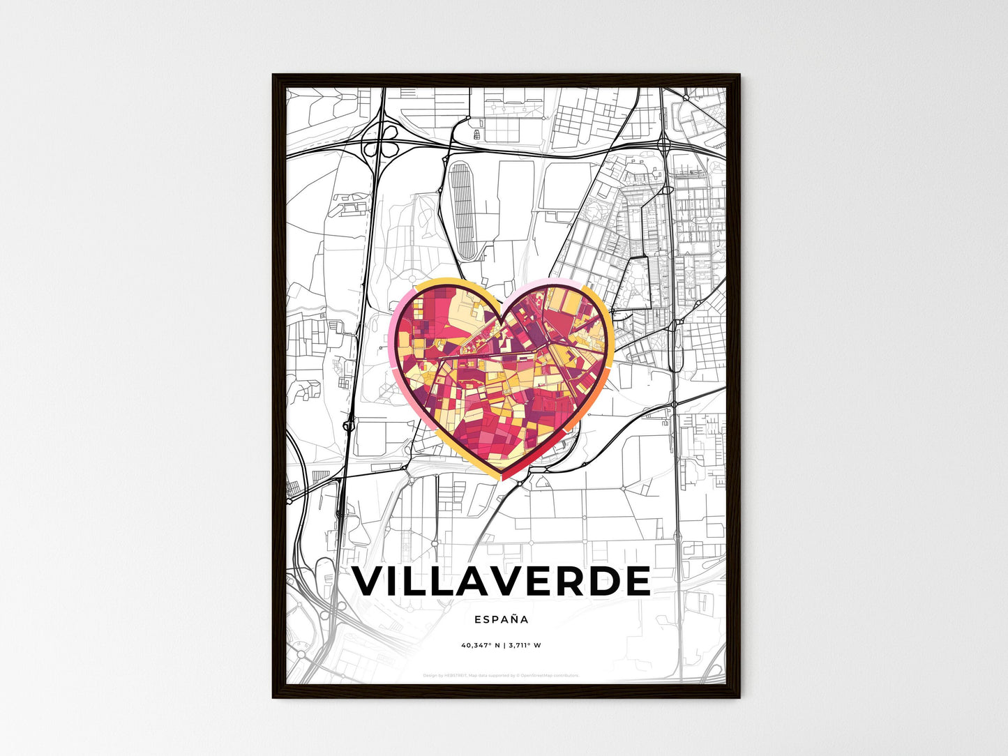 Villaverde Spain wedding art map with heart icon
