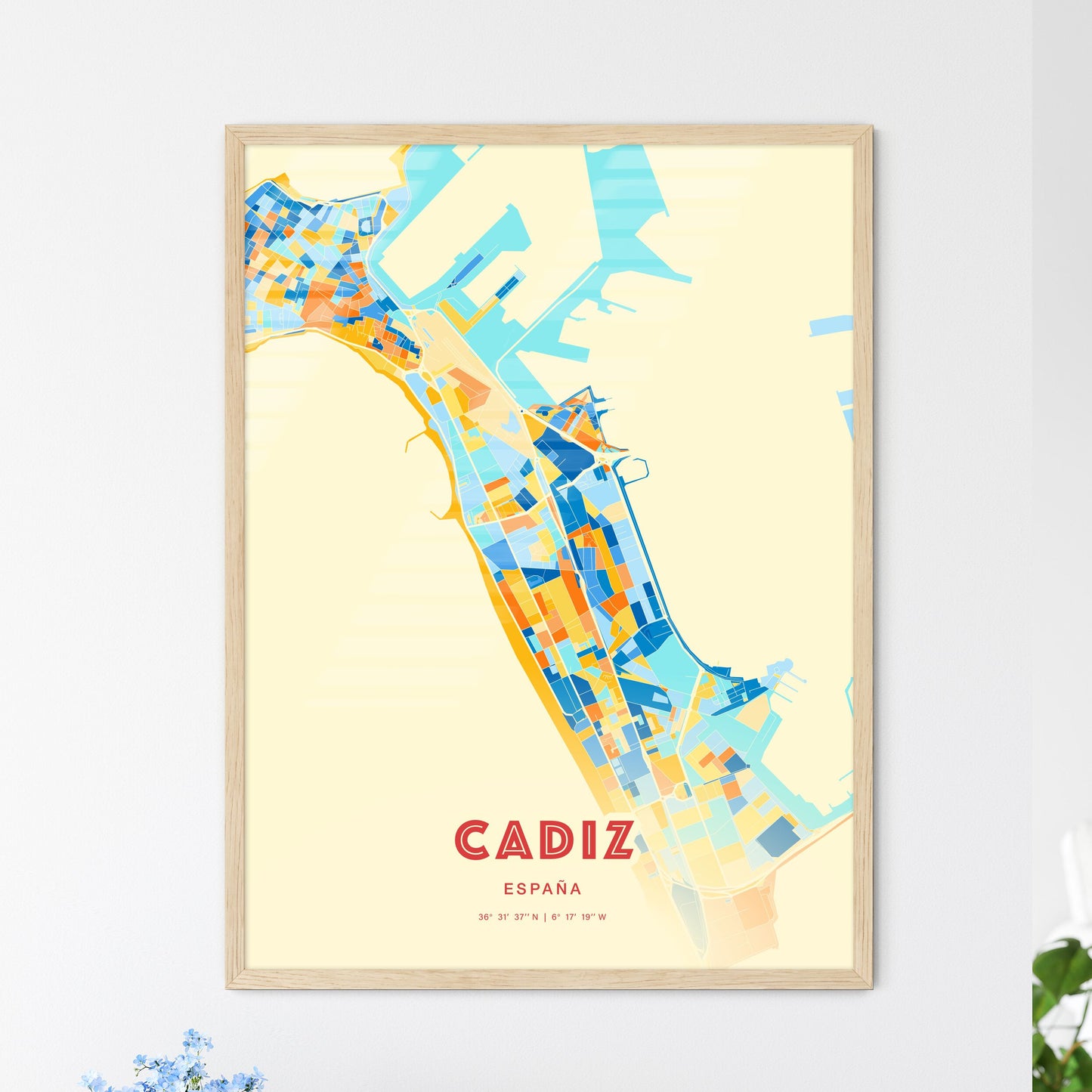 Colorful Cadiz Spain Fine Art Map Blue Orange