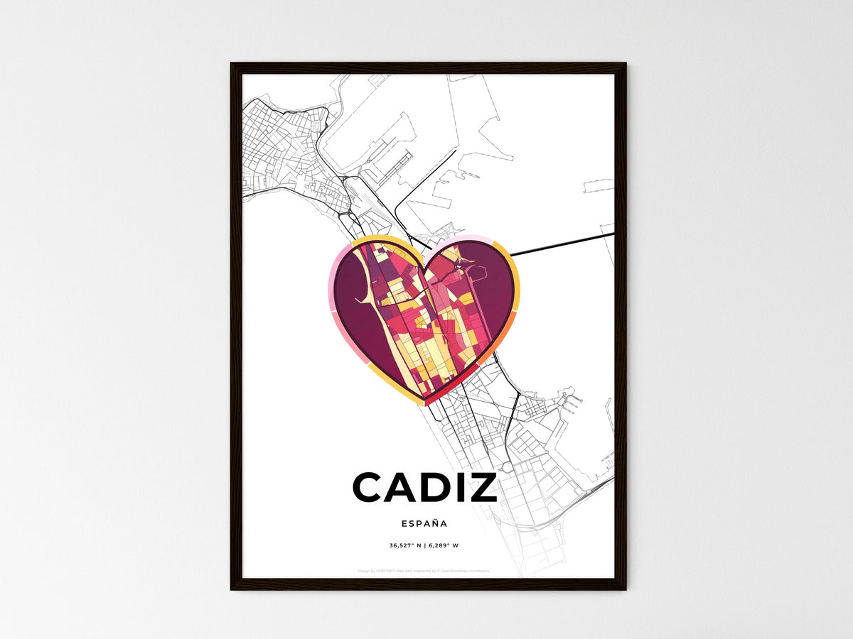 Cadiz Spain wedding art map with heart icon