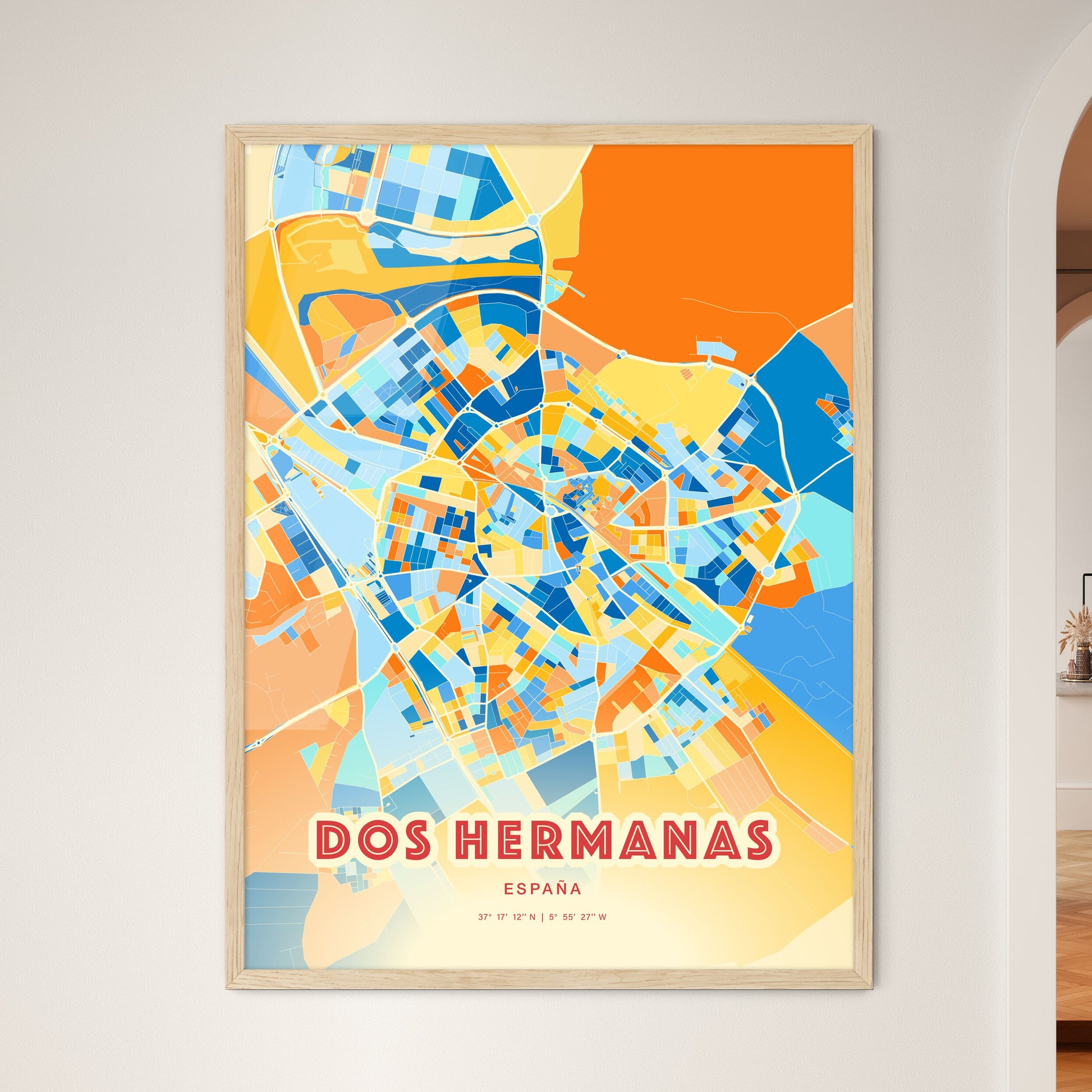Colorful Dos Hermanas Spain Fine Art Map Blue Orange