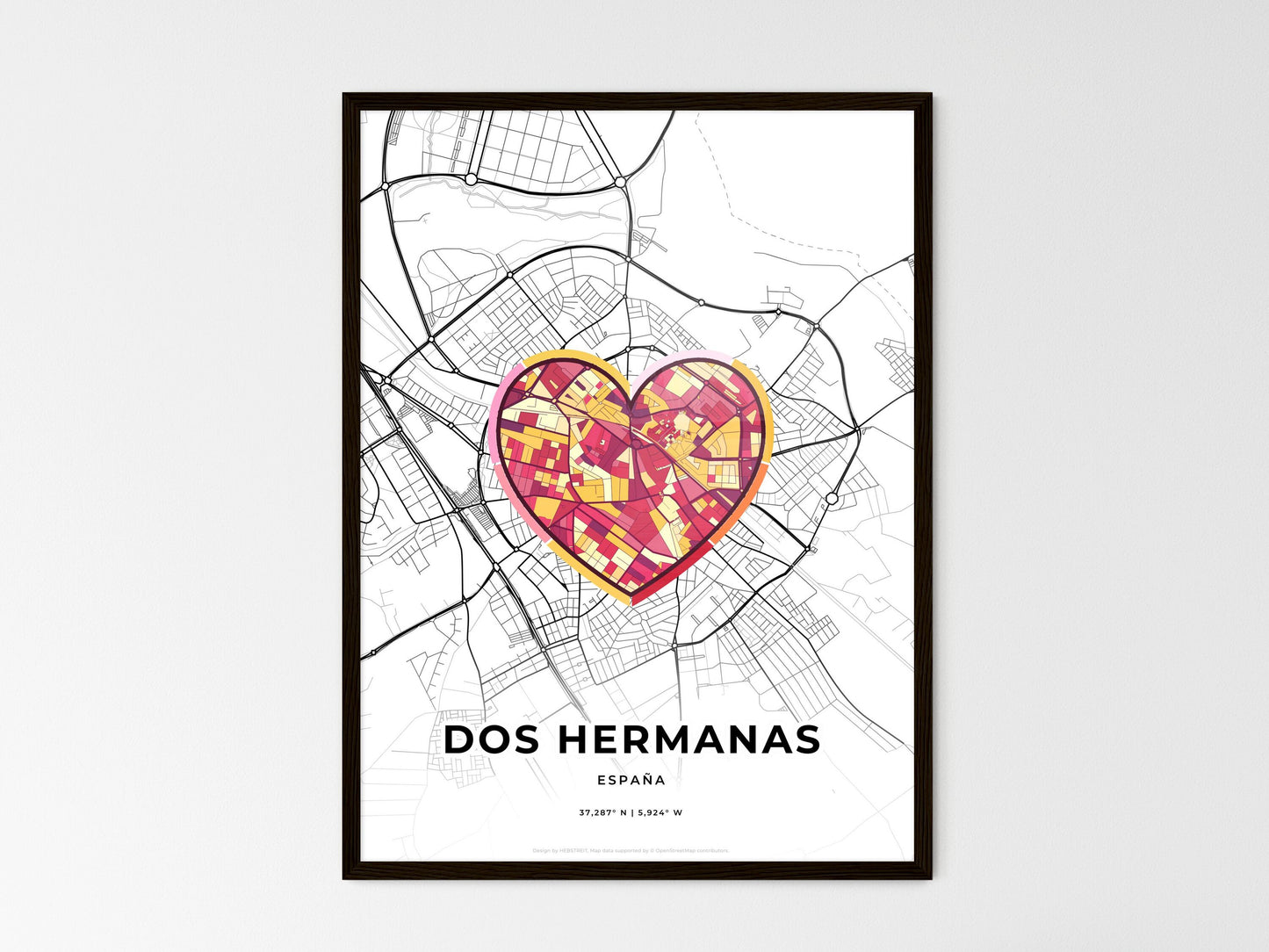 Dos Hermanas Spain wedding art map with heart icon