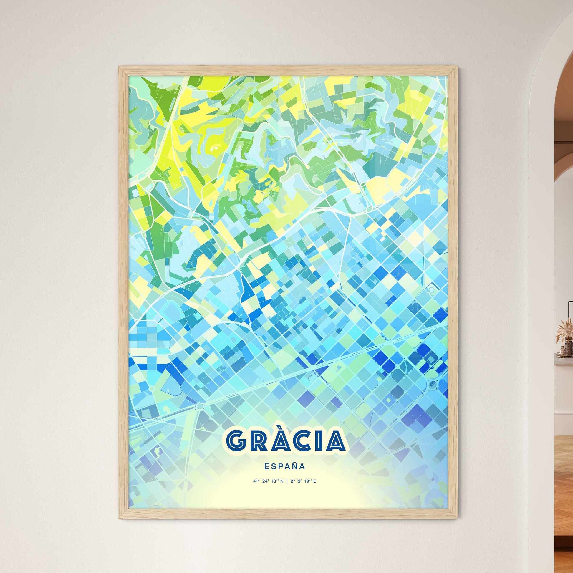 Colorful GRÀCIA SPAIN Fine Art Map Cool Blue