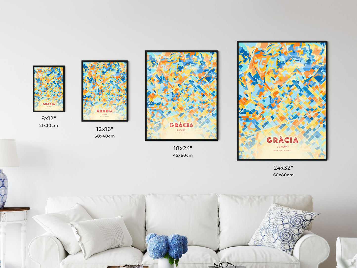 Colorful GRÀCIA SPAIN Fine Art Map Blue Orange