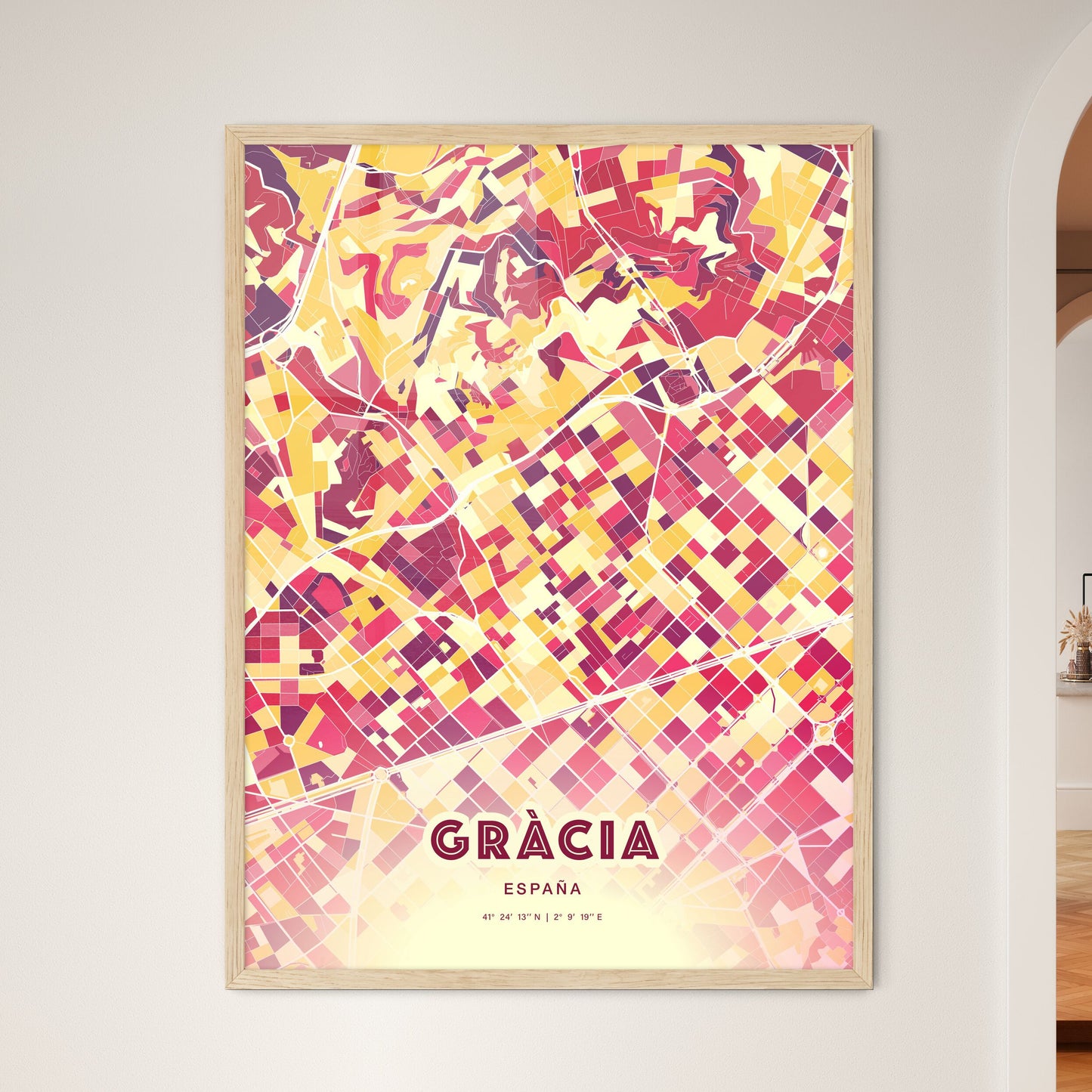 Colorful GRÀCIA SPAIN Fine Art Map Hot Red