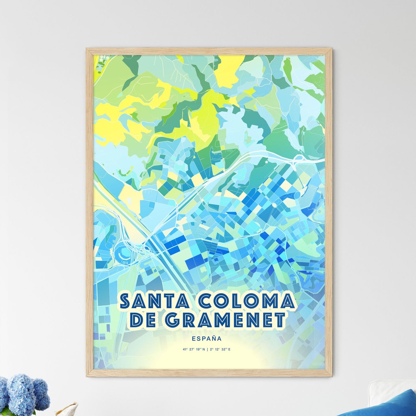 Colorful SANTA COLOMA DE GRAMENET SPAIN Fine Art Map Cool Blue