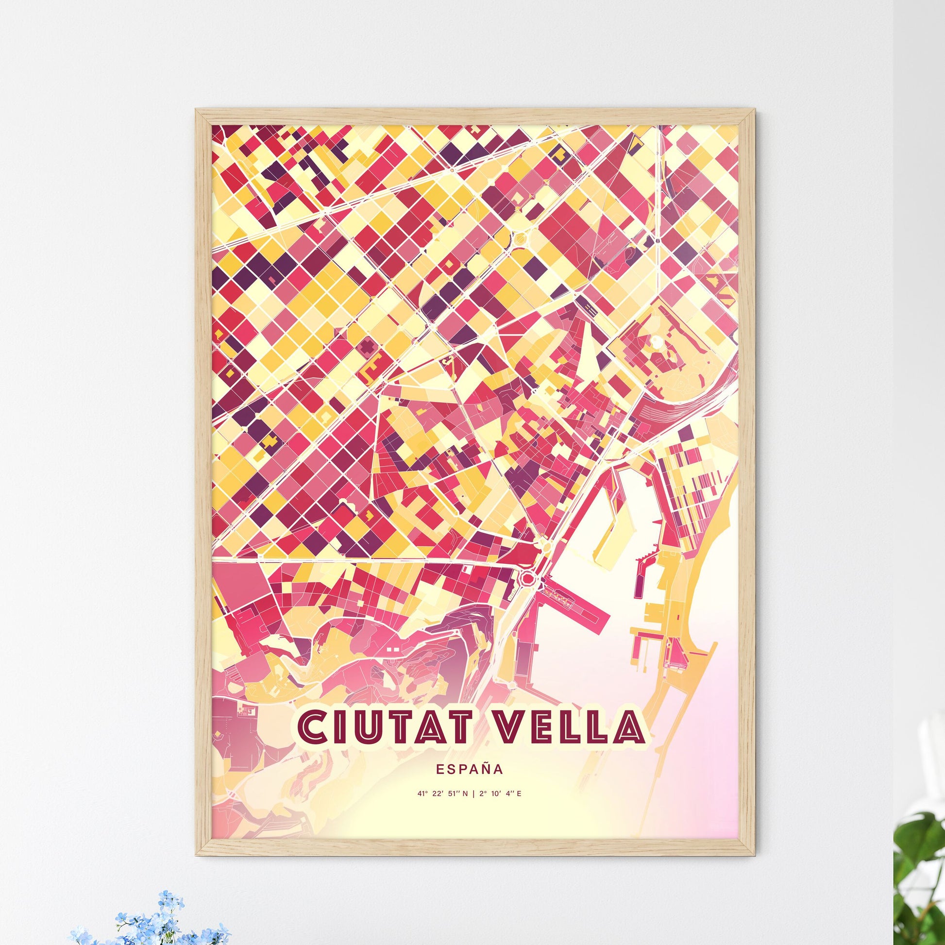 Colorful CIUTAT VELLA SPAIN Fine Art Map Hot Red