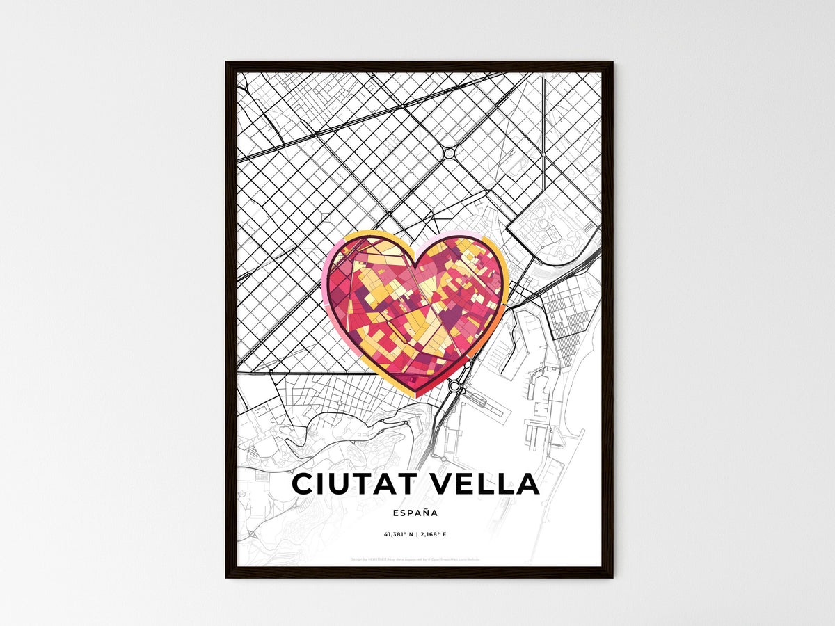 Ciutat Vella Spain wedding art map with heart icon