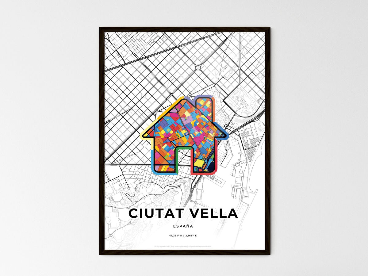 Ciutat Vella Spain wedding art map with home icon