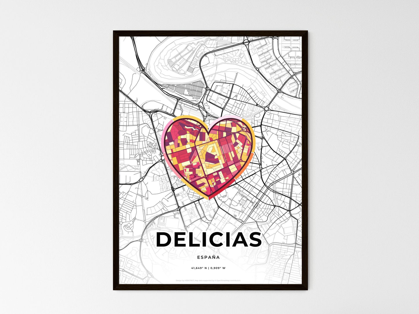Delicias Spain wedding art map with heart icon
