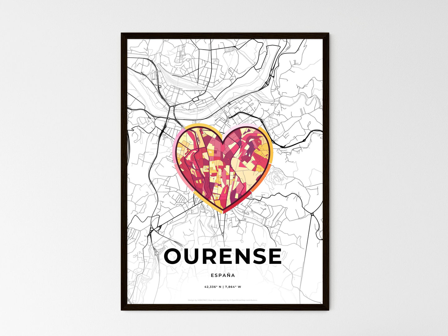 Ourense Spain wedding art map with heart icon