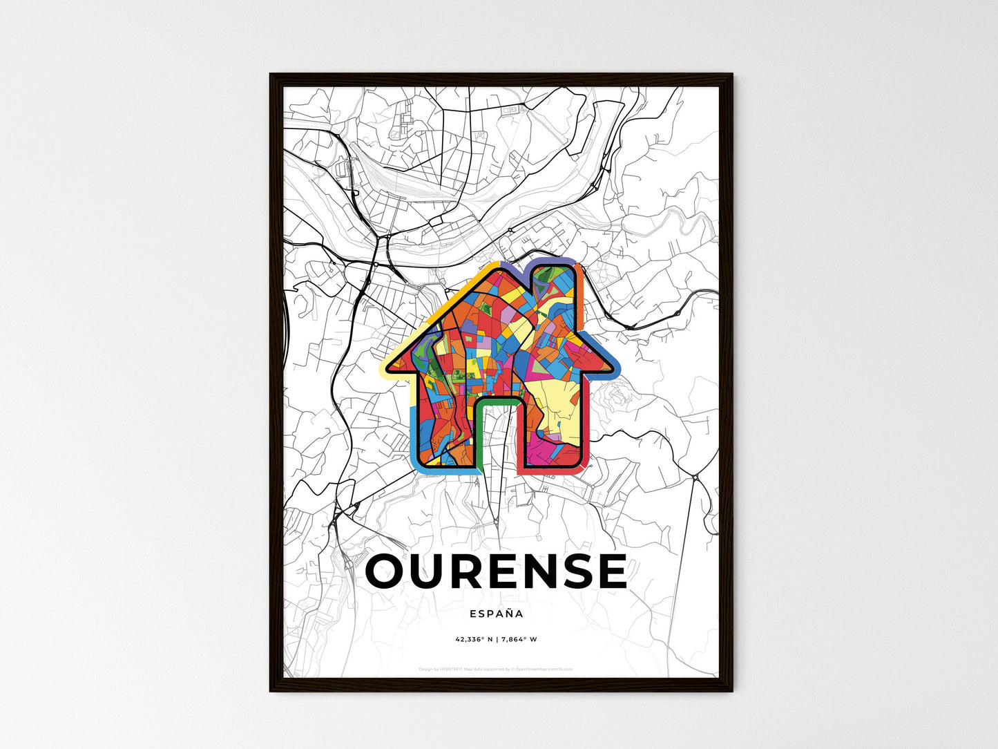 Ourense Spain wedding art map with home icon