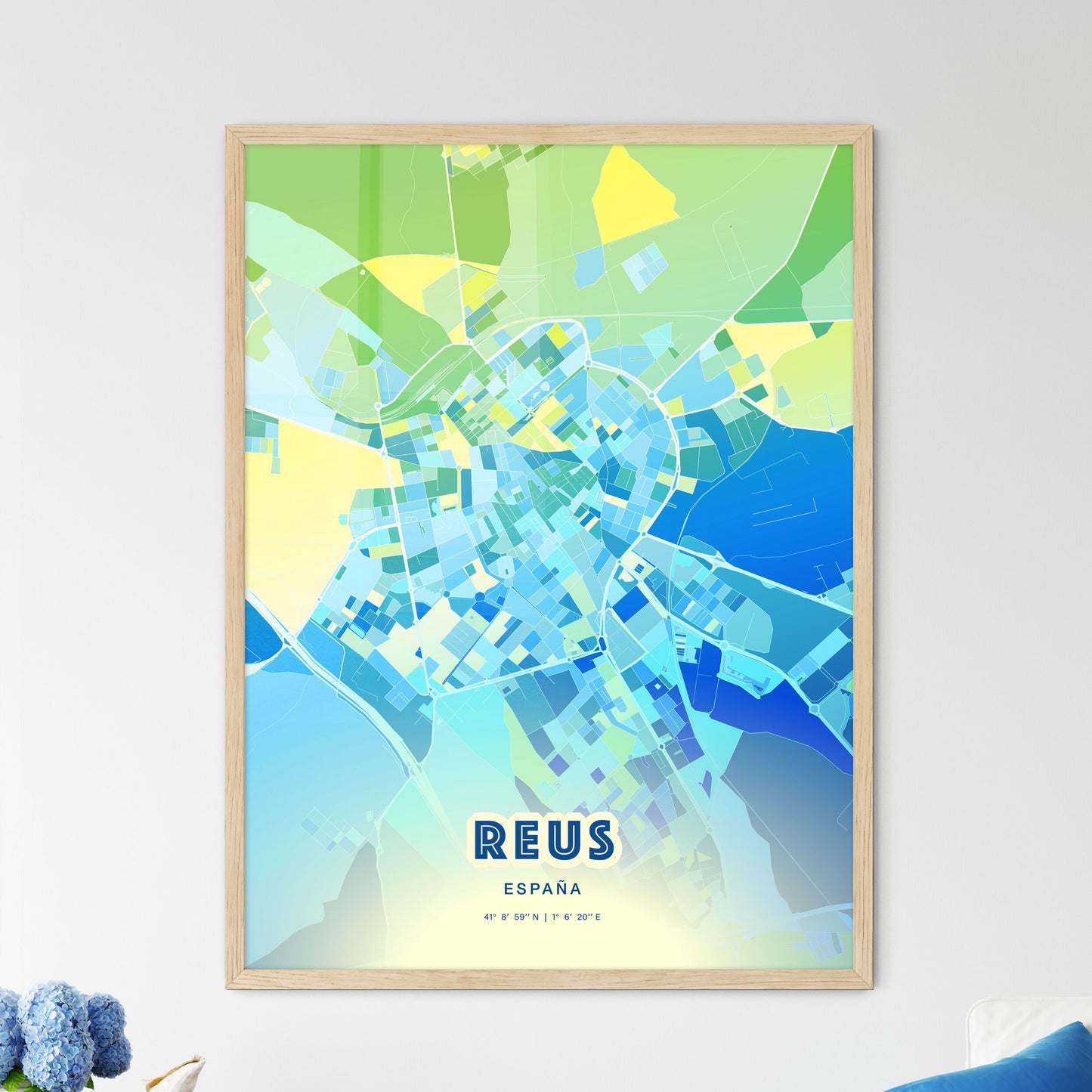 Colorful REUS SPAIN Fine Art Map Cool Blue